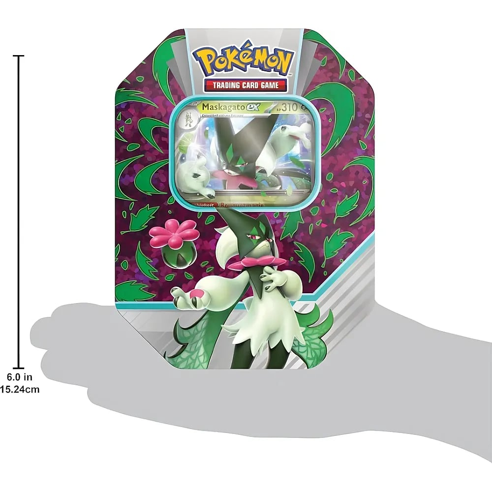 Pokémon Maskagato ex Sammelkarten-Metalldose in einer Hand mit Maßangabe.