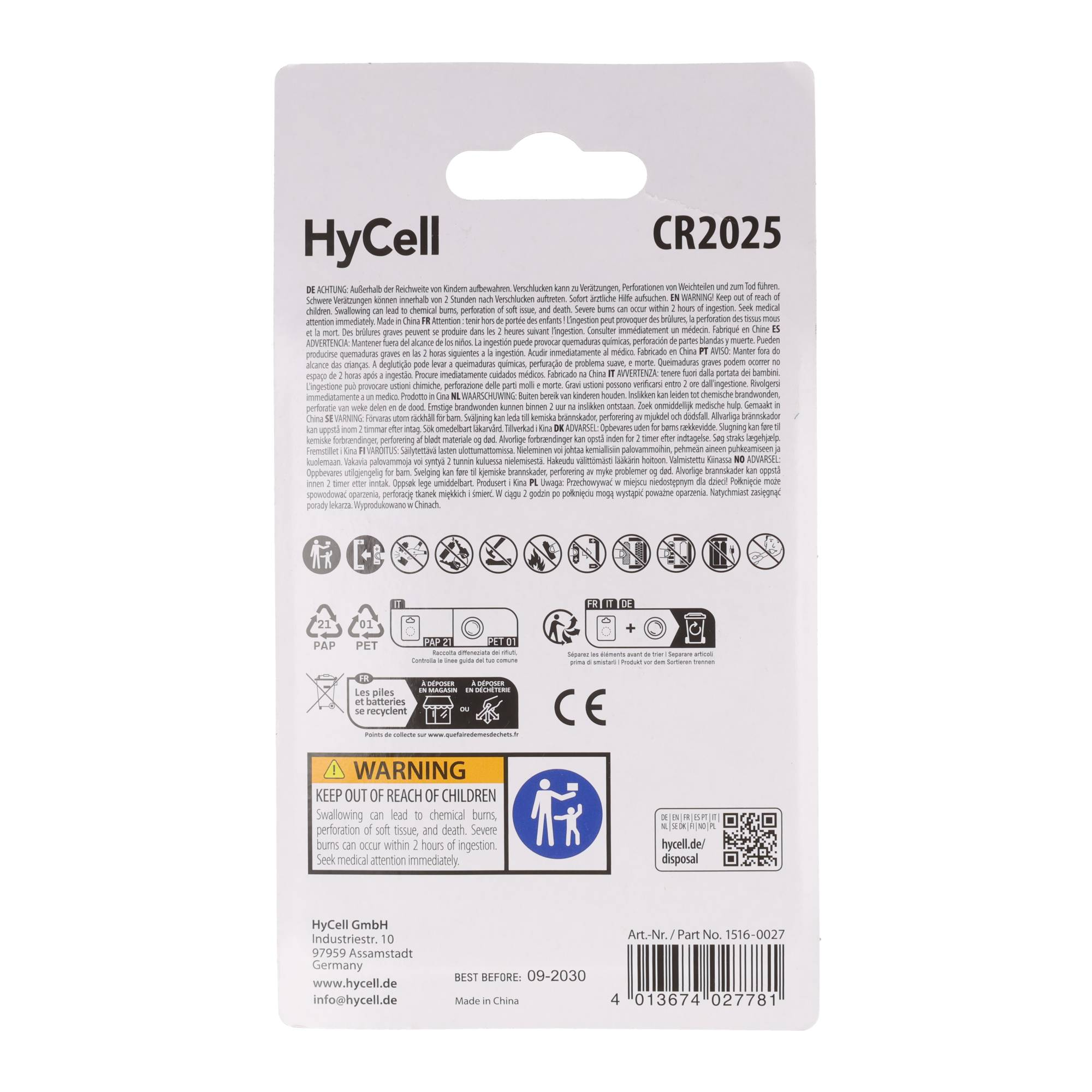 Rückseite einer CR2025 Knopfbatterie-Verpackung mit Warntexten, Symbolen und Barcode.