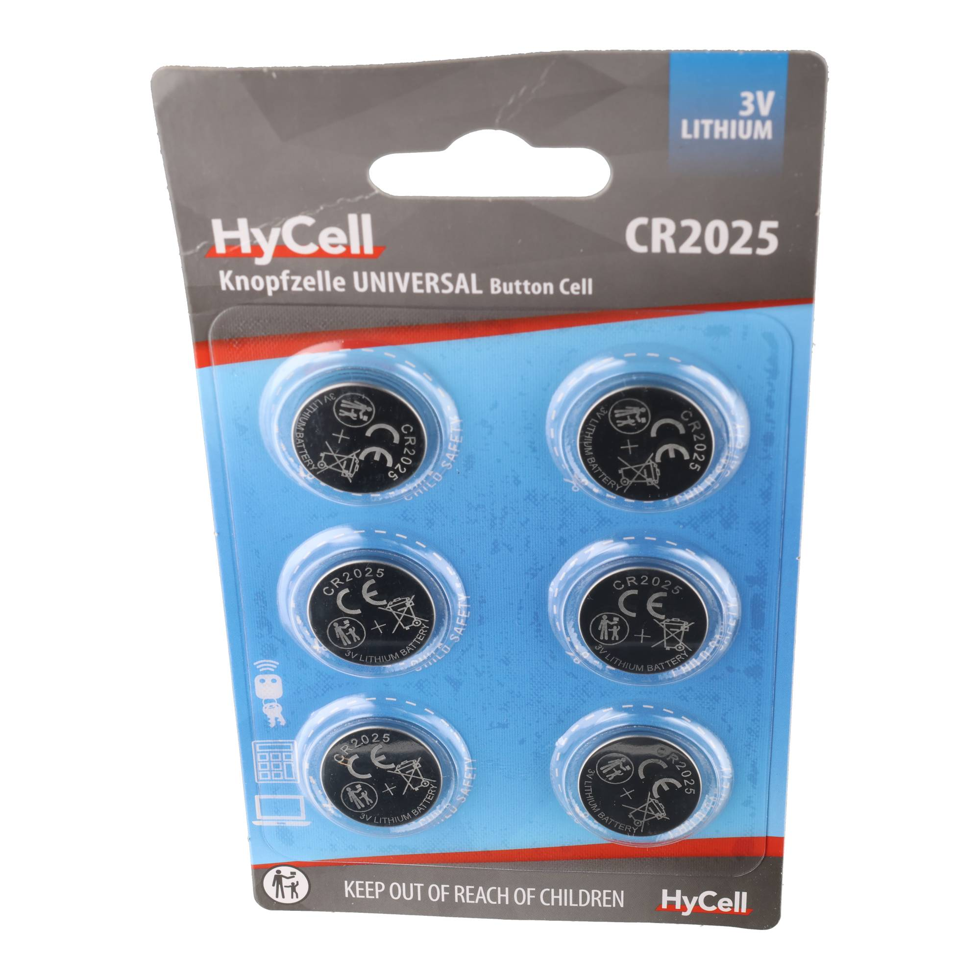 Eine Blisterverpackung mit sechs HyCell CR2025 3V Lithium-Knopfzellen mit Kindersicherungshinweisen.