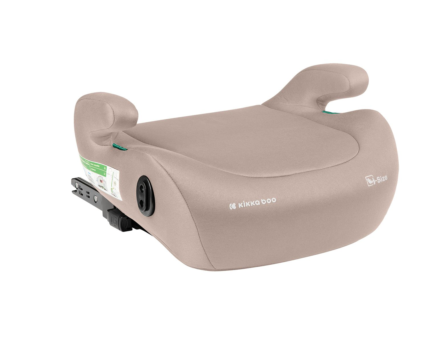 Beigefarbene KikkaBoo Sitzerhöhung fürs Auto mit Armlehnen und Isofix-Konnektoren vor weißem Hintergrund.