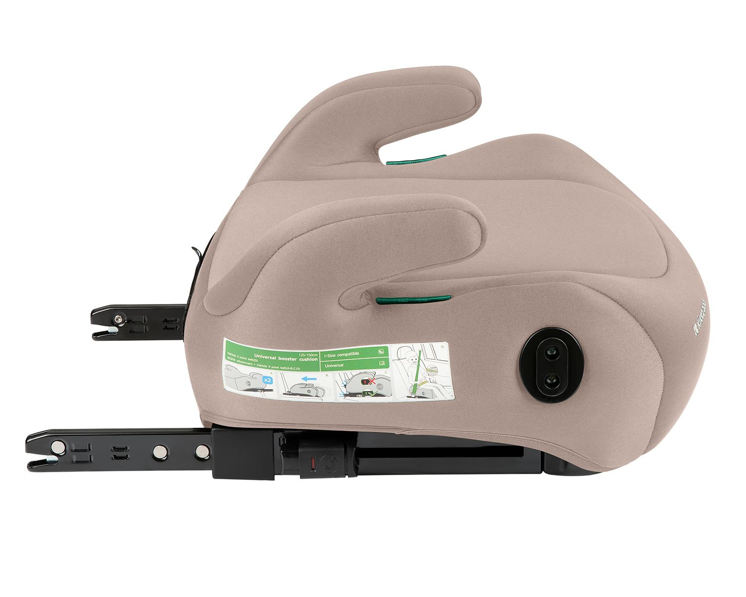 Ein beiger Kindersitz mit schwarzen Isofix-Anschlüssen, von der Seite auf weißem Hintergrund.