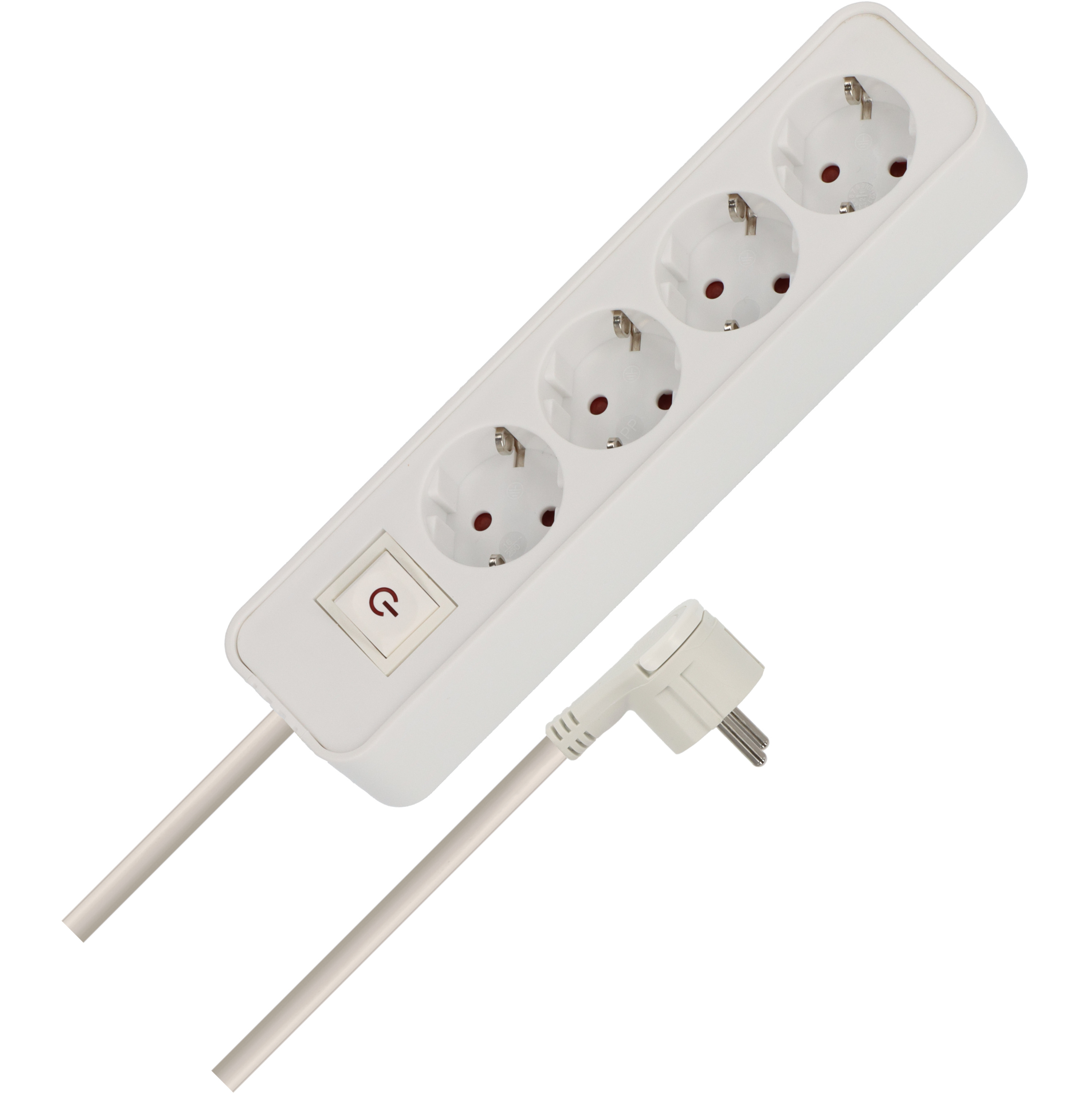 Eine weiße Mehrfachsteckdose mit vier Steckplätzen, einem Ein-Aus-Schalter und einem angeschlossenen Kabel mit Stecker.