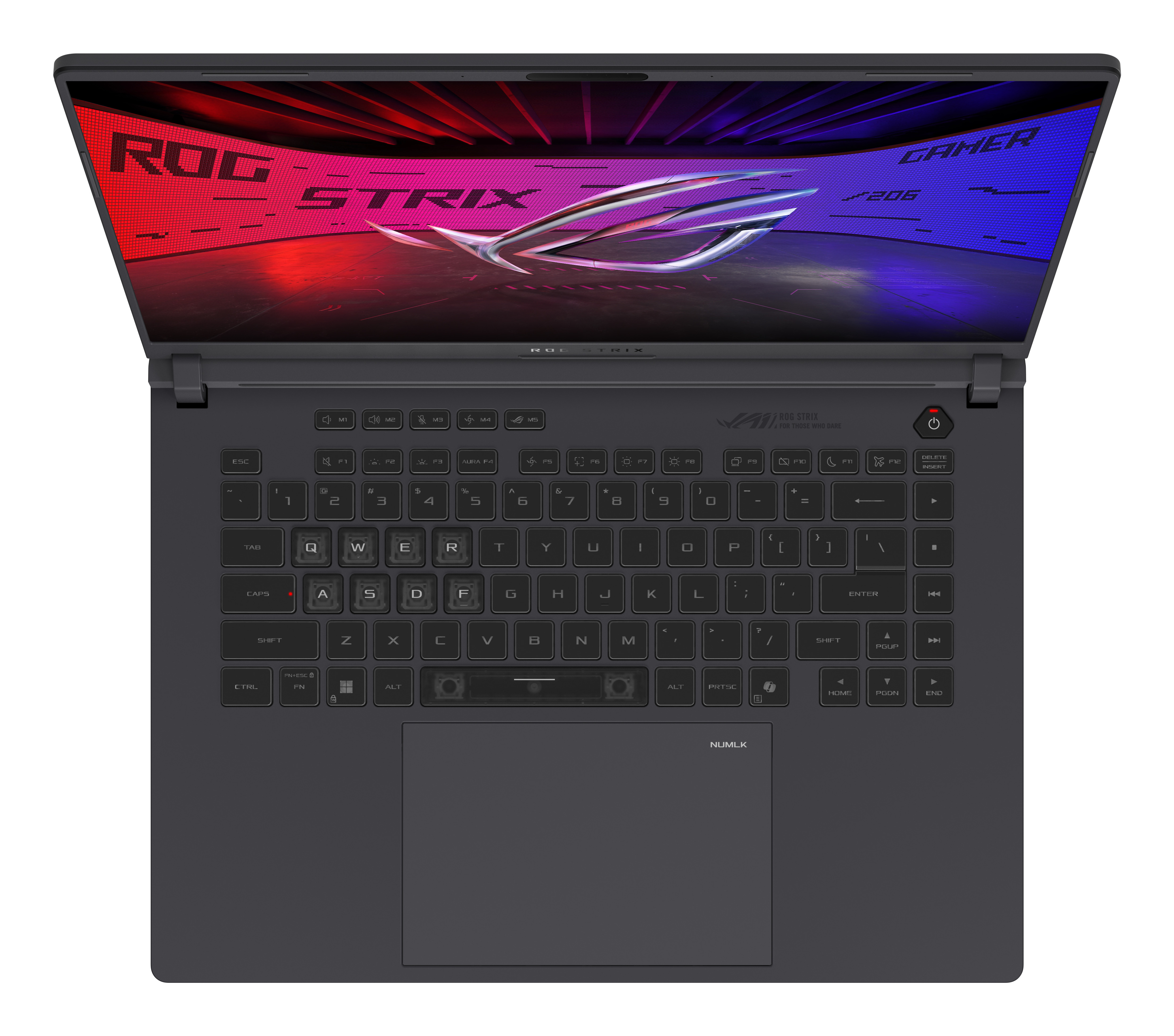 Top-down view of a ROG Strix gaming laptop featuring a glowing screen, black keyboard, and a transparent spacebar.