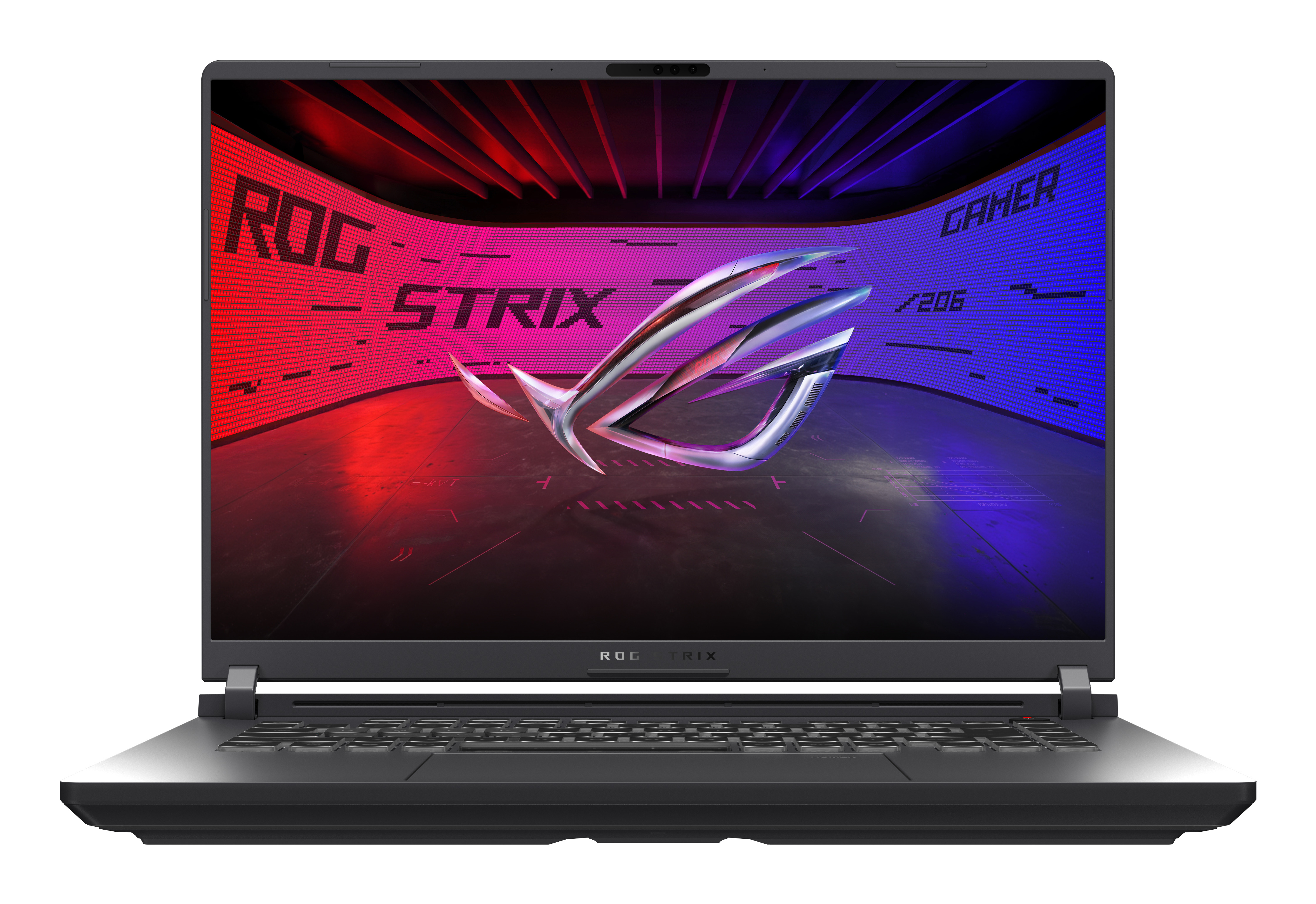 A ROG Strix gaming laptop displays a vibrant screen with red and blue lighting and the ROG logo.