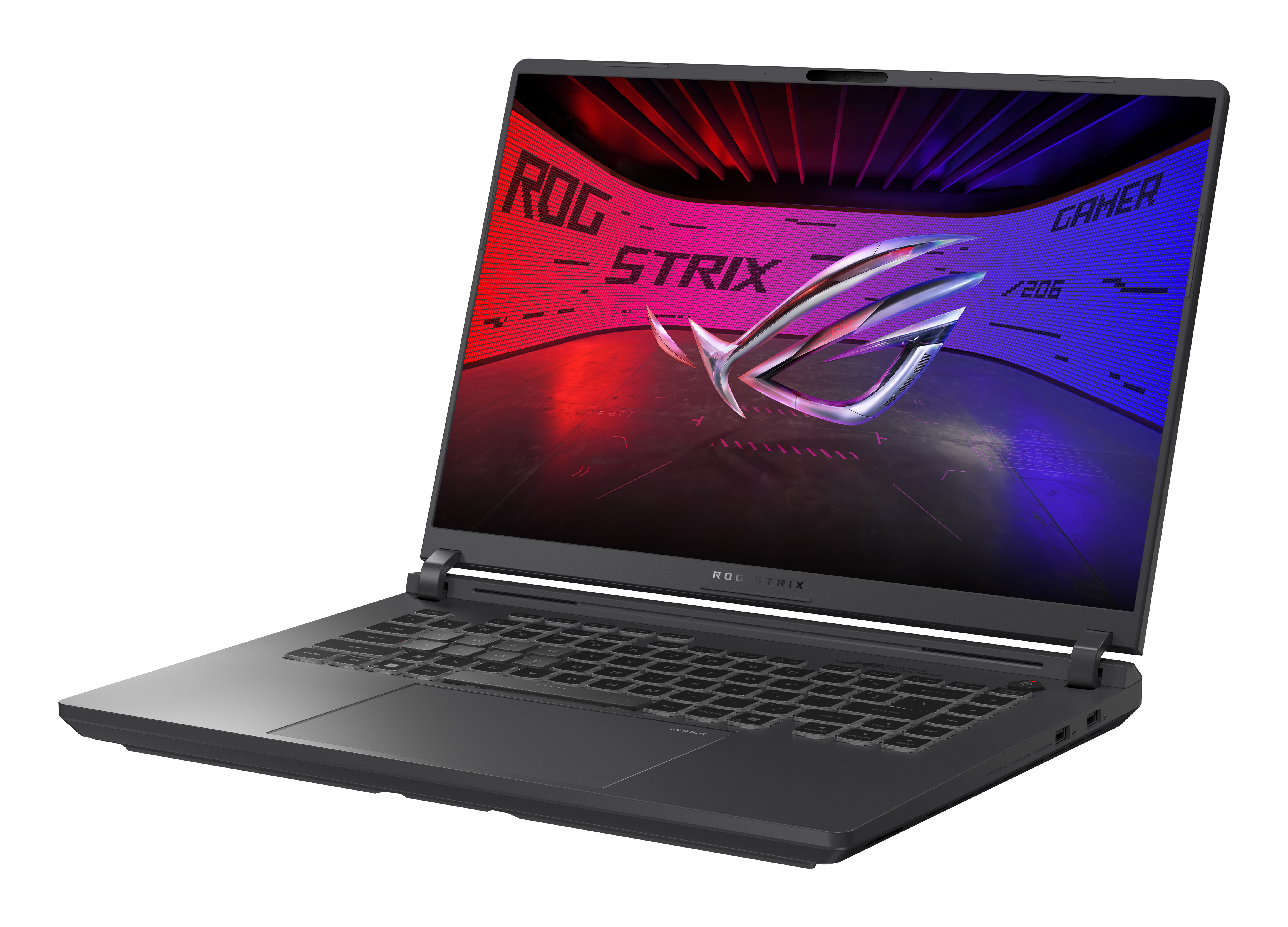 A black Asus ROG Strix gaming laptop on a white surface, displaying a colorful ROG logo wallpaper.