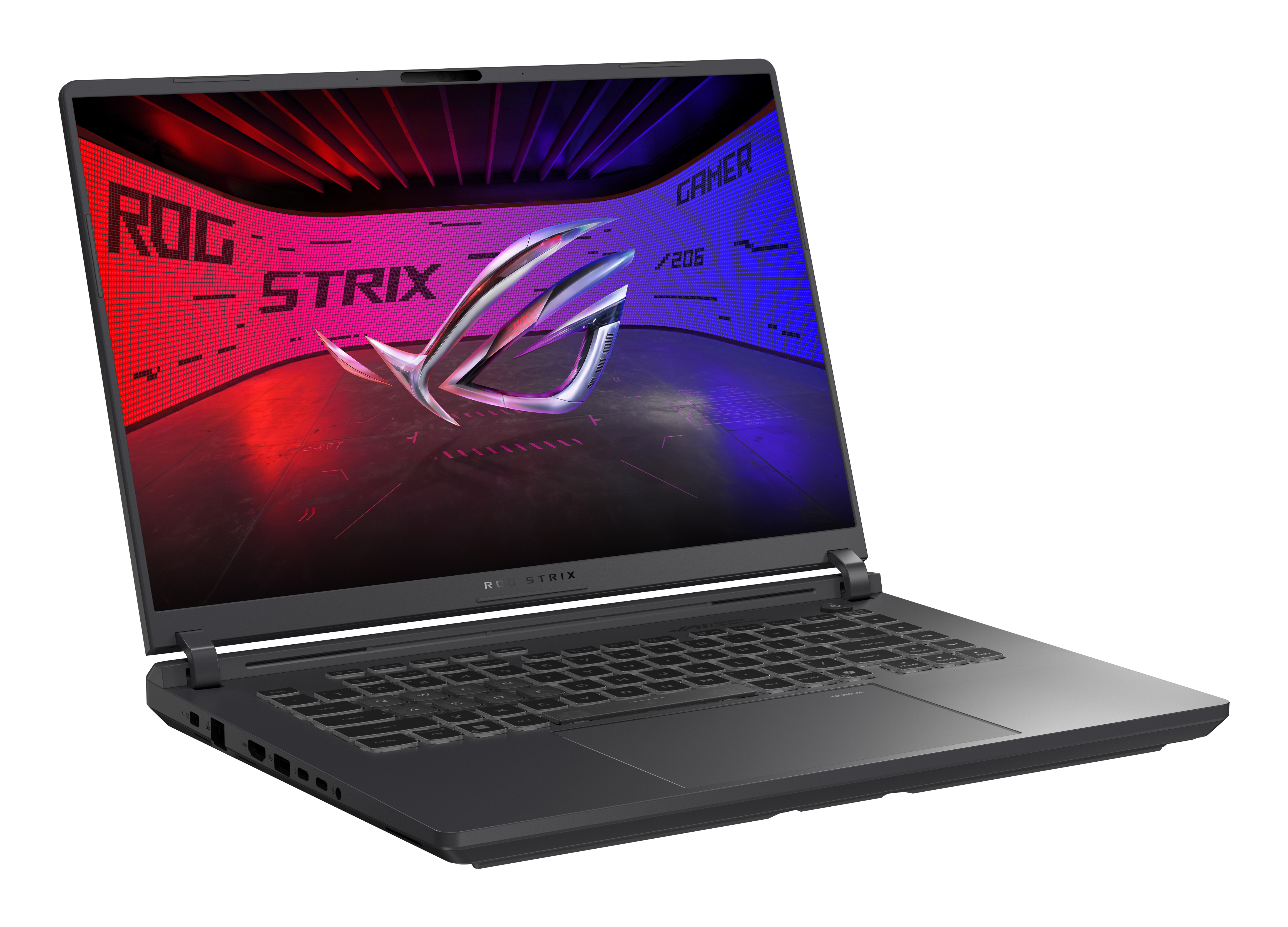 A black ROG Strix gaming laptop shows a screen with red and blue ROG graphics against a white background.