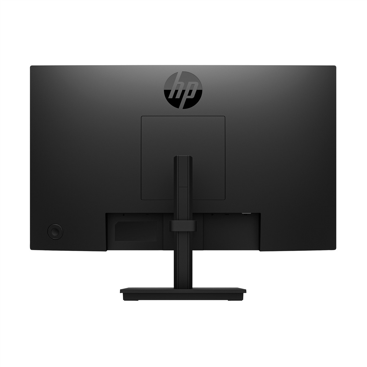 Vista trasera de un monitor HP negro con su soporte sobre fondo blanco.
