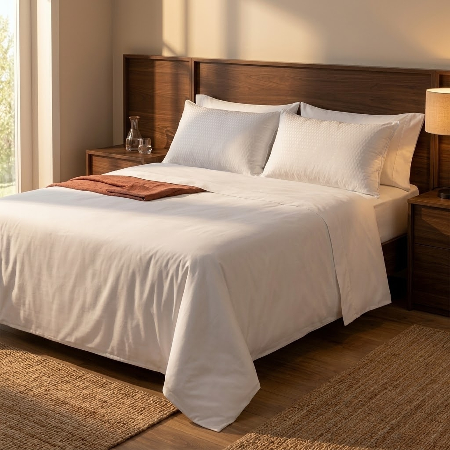 Una cama blanca con cabecera de madera y mesitas de noche en un dormitorio luminoso con alfombras de yute.