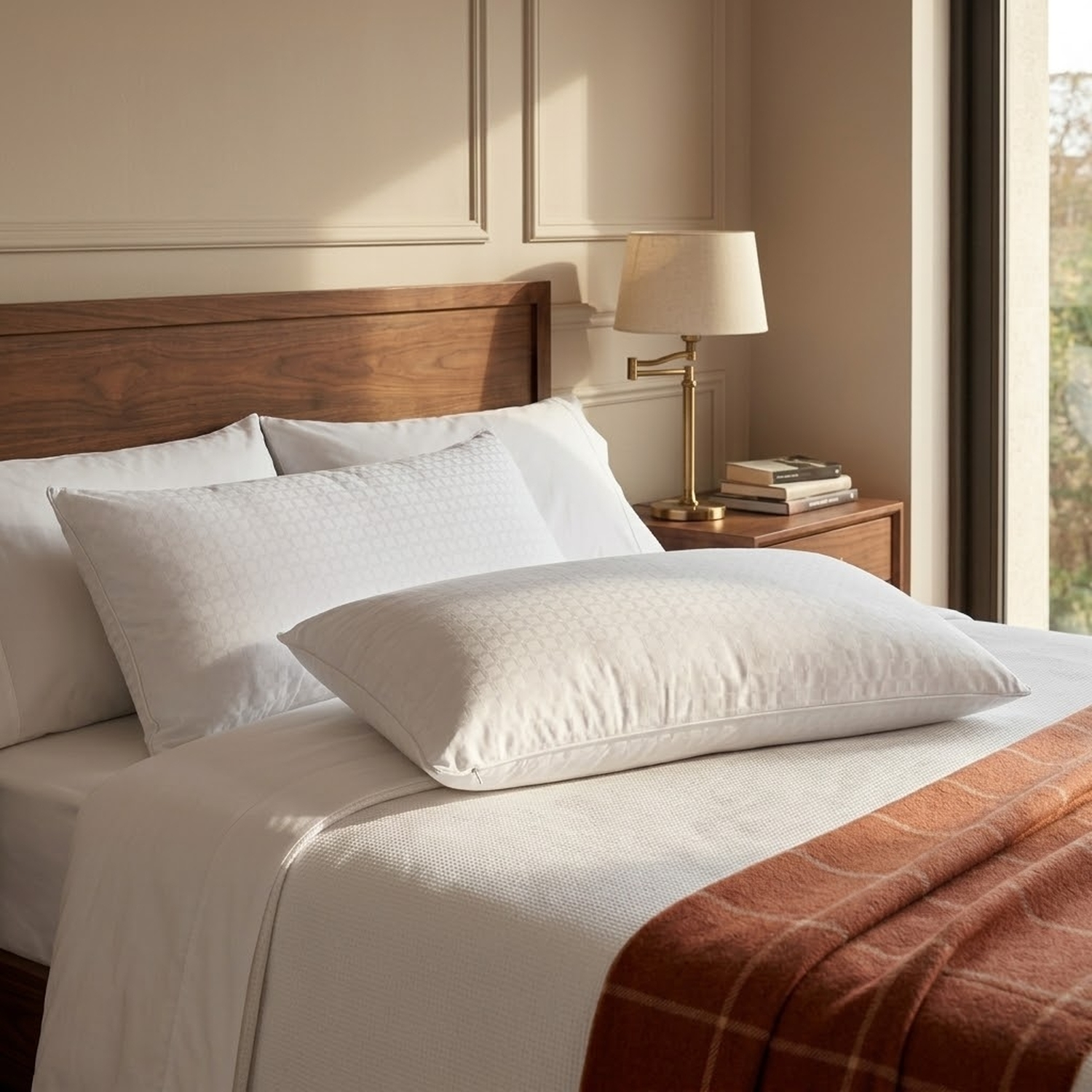 Una cama hecha con almohadas blancas y una manta color óxido. Una lámpara de mesa descansa sobre la mesilla.