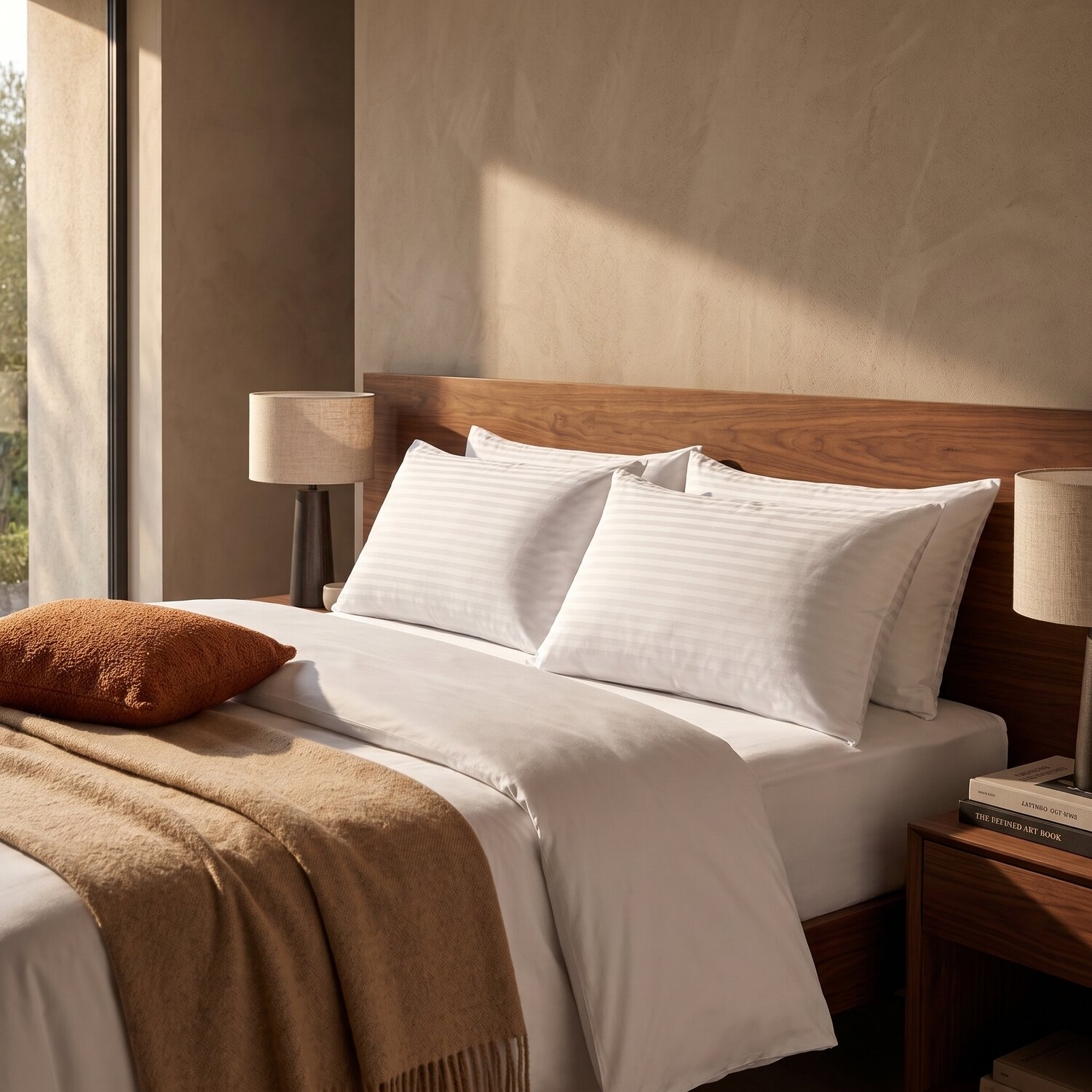 Un dormitorio minimalista con ropa de cama blanca, cojines marrones, una manta y lámparas de noche.