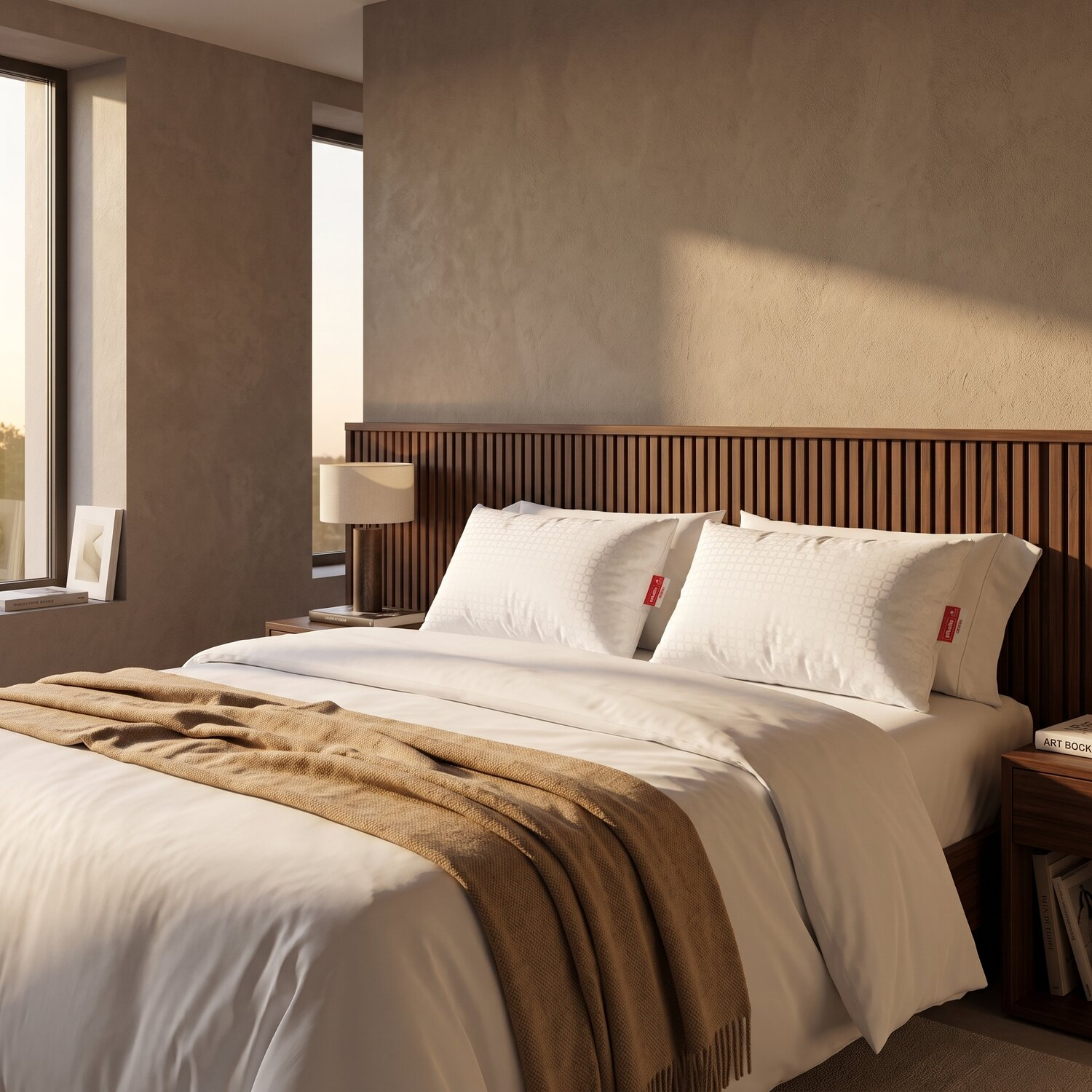 Acogedora habitación con cama blanca, cabecera de listones de madera, manta marrón y mesita de noche con lámpara.
