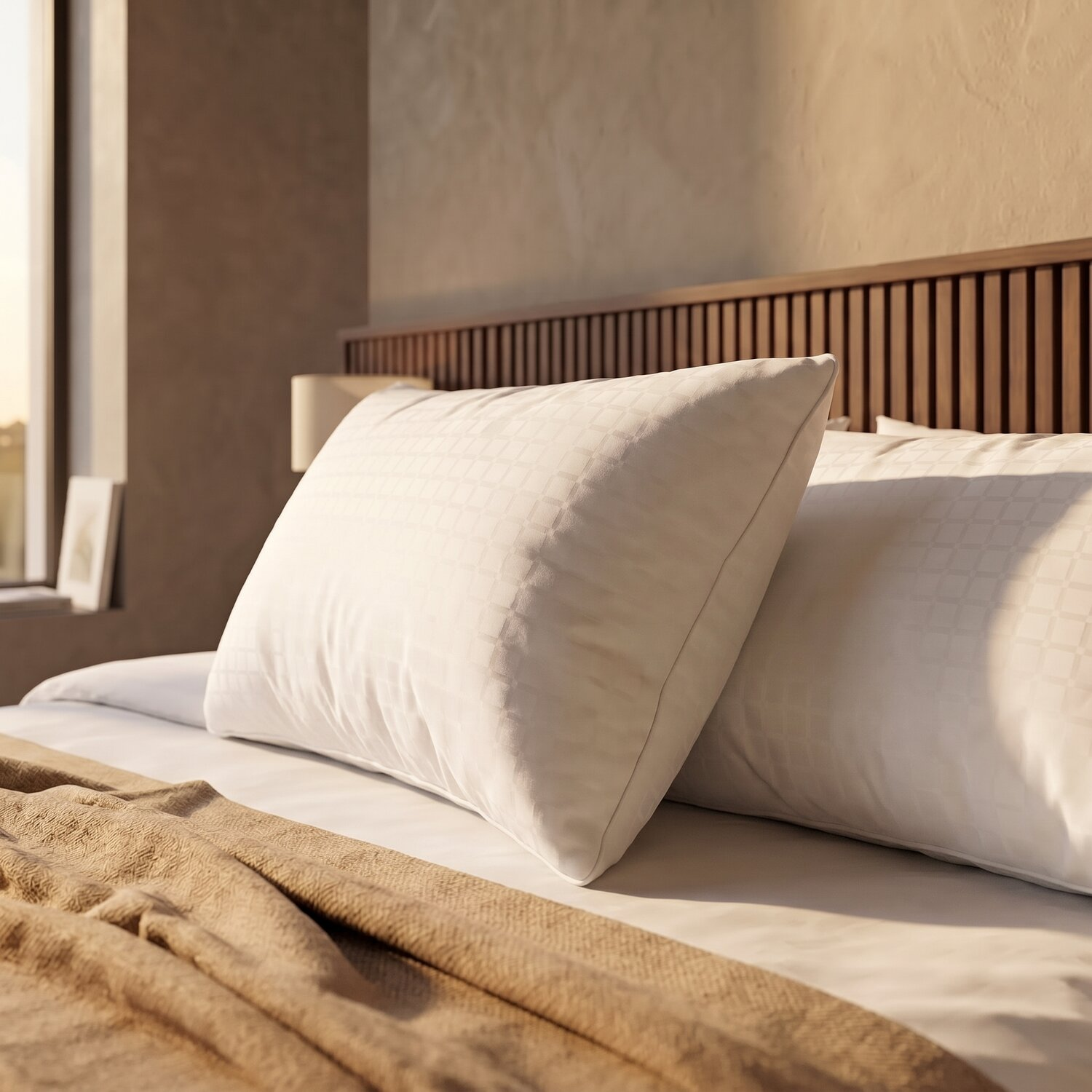 Dos almohadas blancas con patrón yacen en una cama con cabecera de madera y manta marrón en un dormitorio soleado.