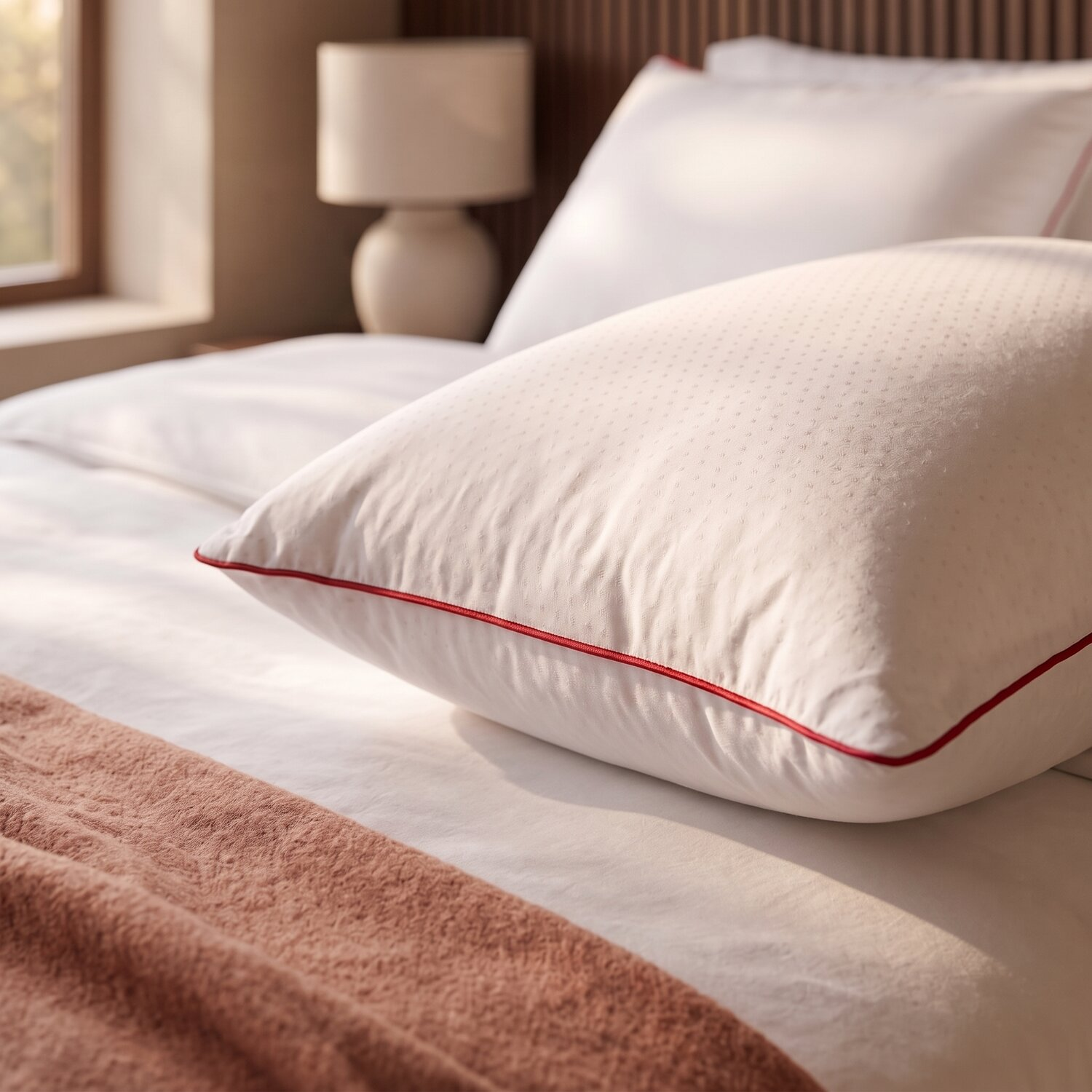 Una almohada blanca con borde rojo descansa en una cama hecha con una manta rosa.