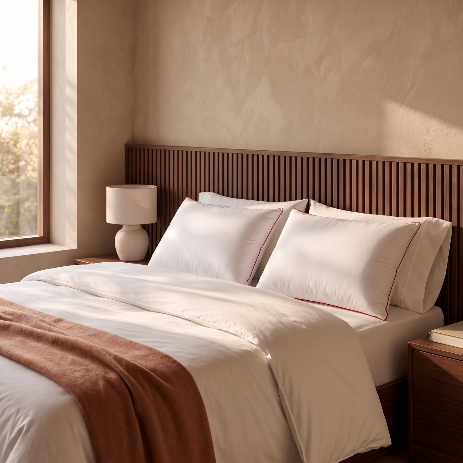 Un dormitorio minimalista con cama blanca, cabecero de madera, lámpara de noche y luz solar por la ventana.