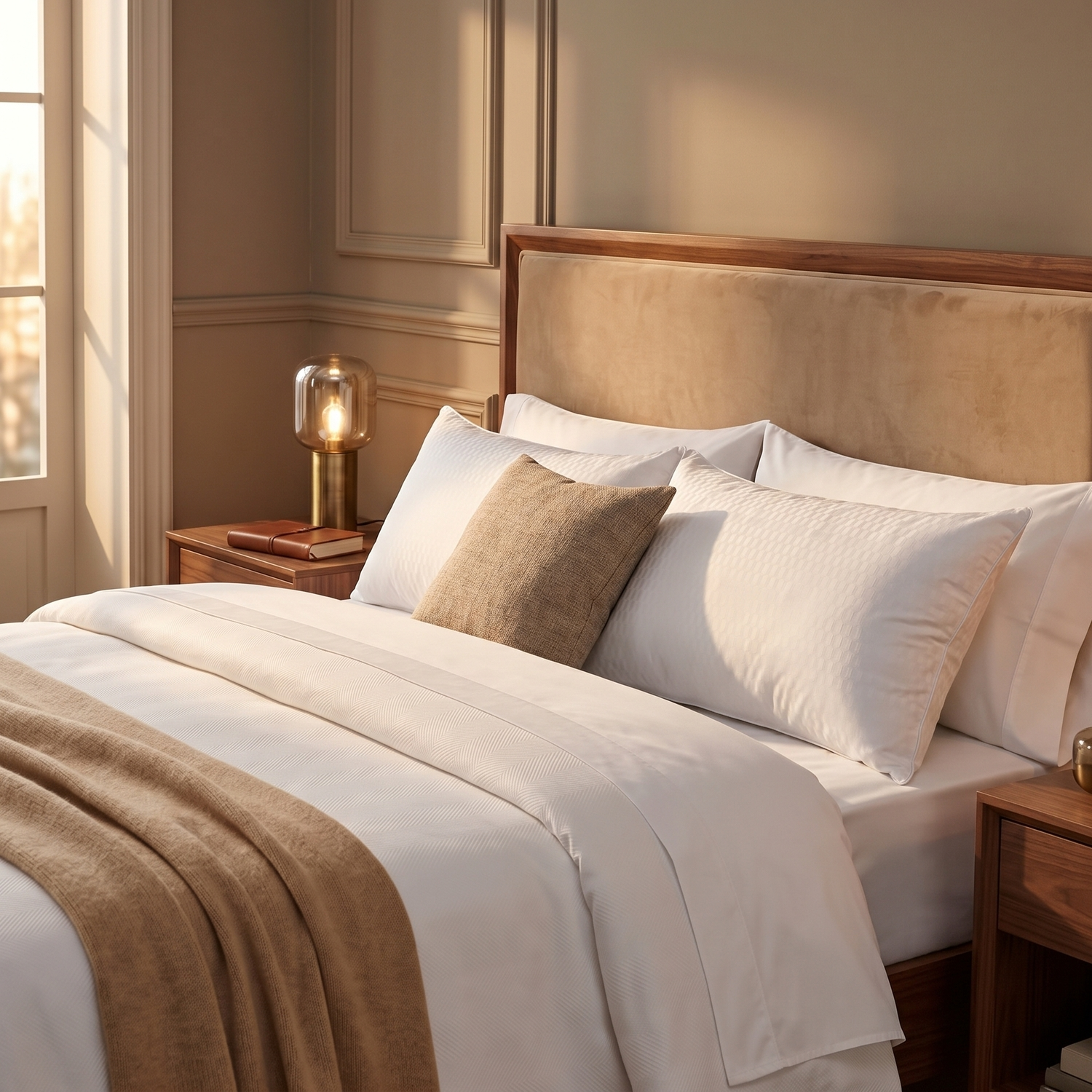 Una cama bien hecha con sábanas blancas, una manta marrón y almohadas, junto a una mesita de noche con lámpara.