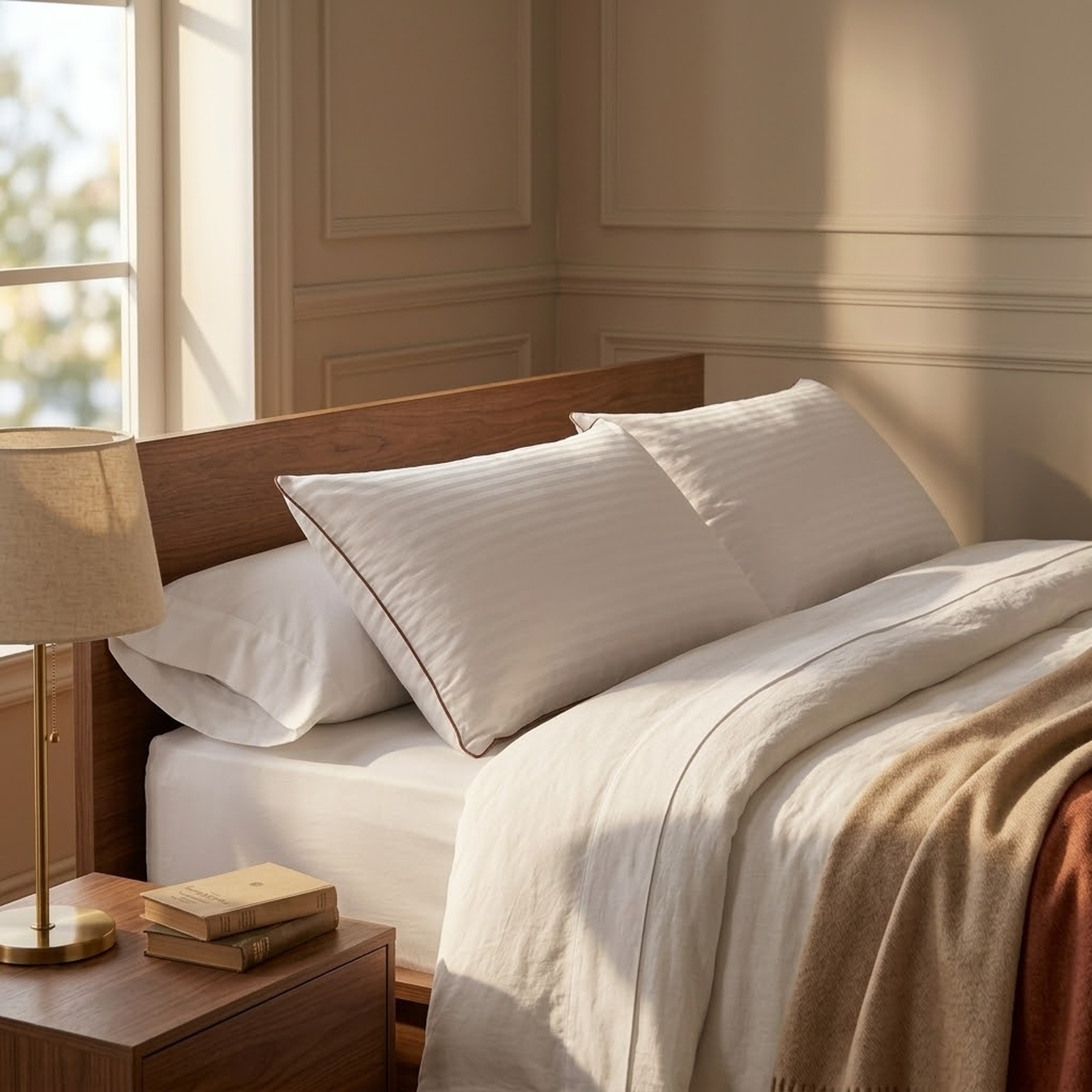 Un dormitorio iluminado muestra una cama de madera con almohadas blancas y una manta beige, junto a una mesa de noche.