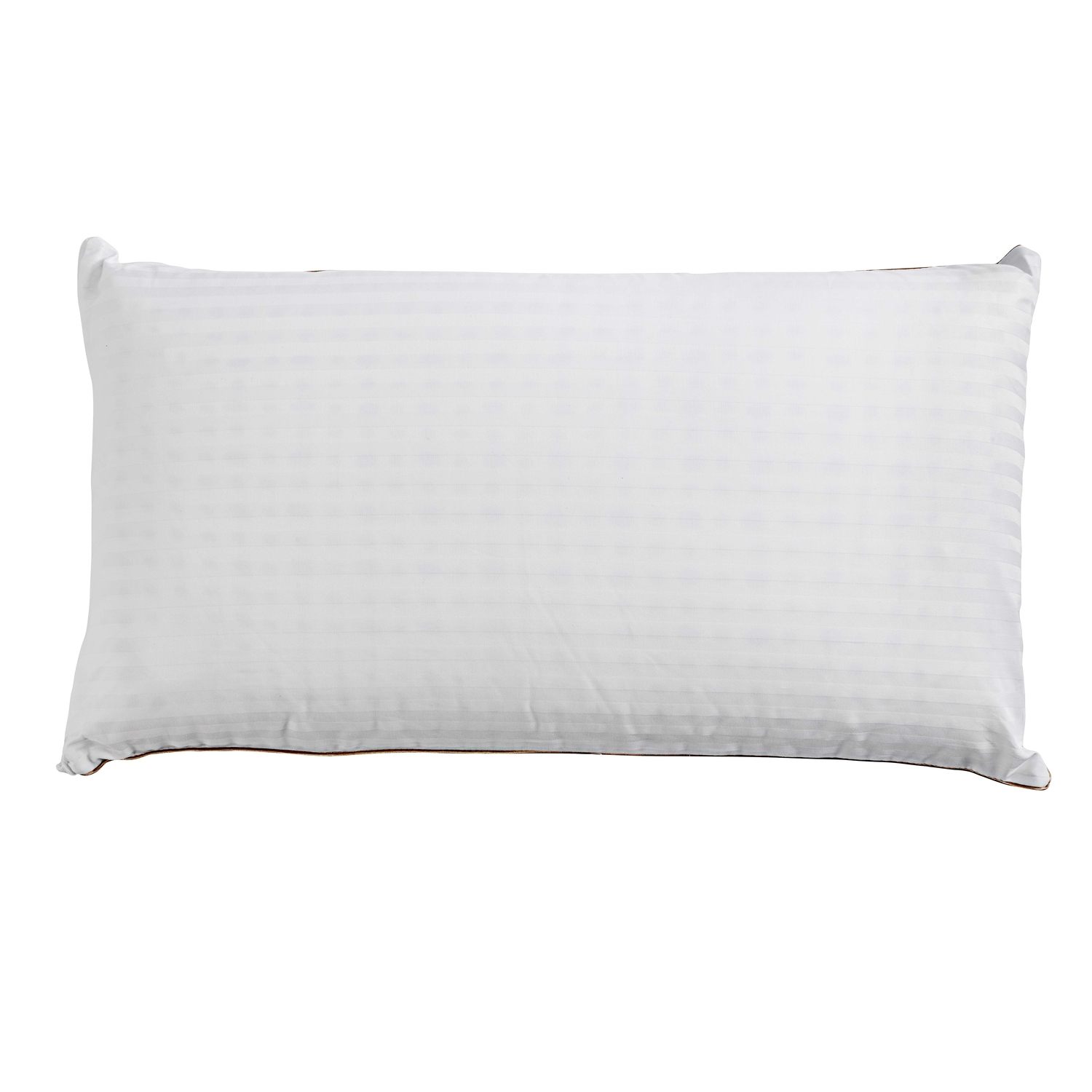Una almohada rectangular blanca con rayas tenues y ribetes oscuros sobre fondo blanco.