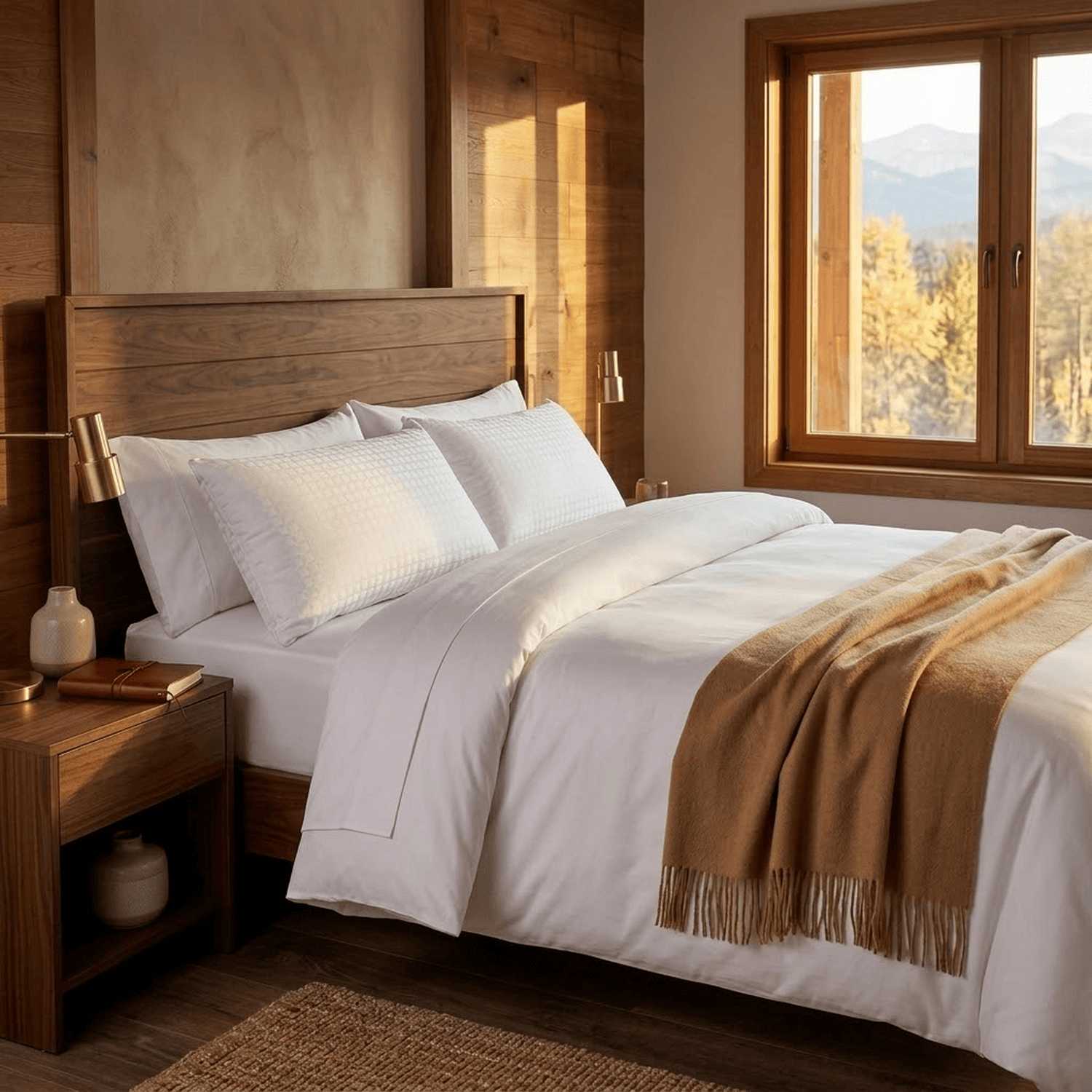 Cama de madera con sábanas blancas y manta marrón en una habitación con ventana y vistas a la montaña.