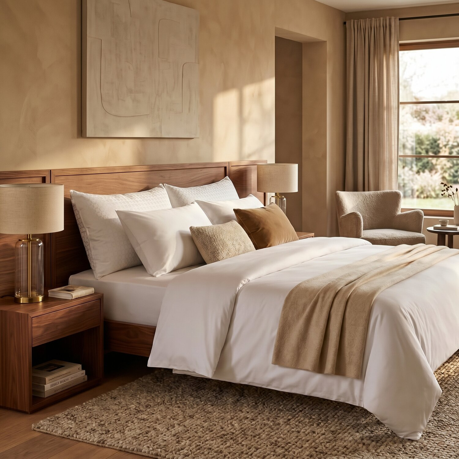 Acogedor dormitorio con cama de madera, ropa de cama blanca, lámparas de noche y arte abstracto en la pared.
