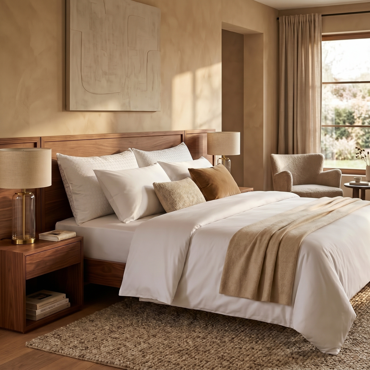 Dormitorio de tonos cálidos con cama de madera, ropa blanca, detalles en beige, lámparas, alfombra y sillón.