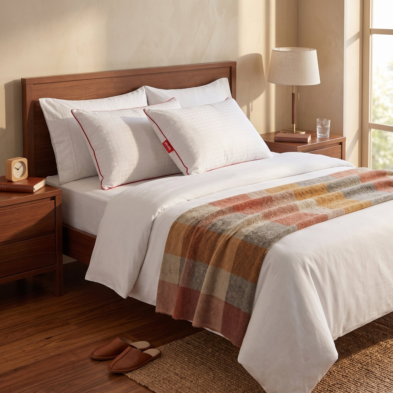 Una cama bien hecha con almohadas blancas, una manta a cuadros y mesitas de noche con lámparas.