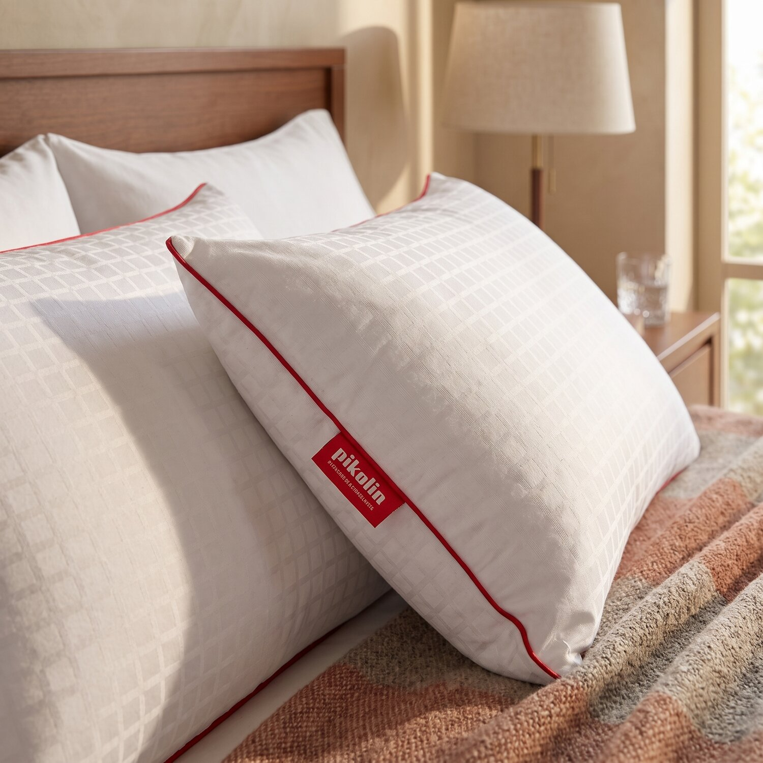 Dos almohadas blancas con ribete rojo y etiqueta Pikolin en una cama acogedora, con una lámpara al fondo.