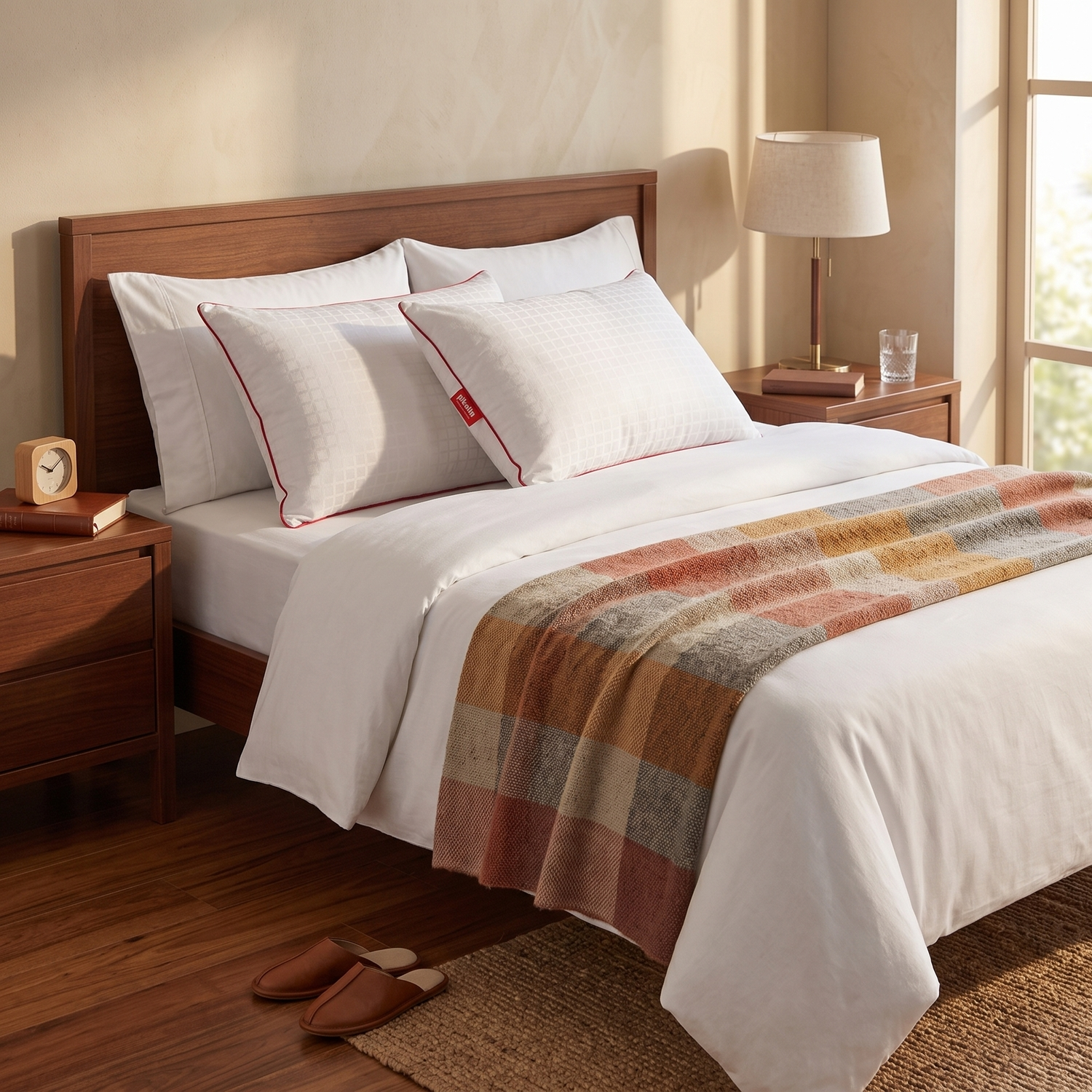 Dormitorio acogedor con cama de madera, almohadas blancas y una manta a cuadros rojos y amarillos.