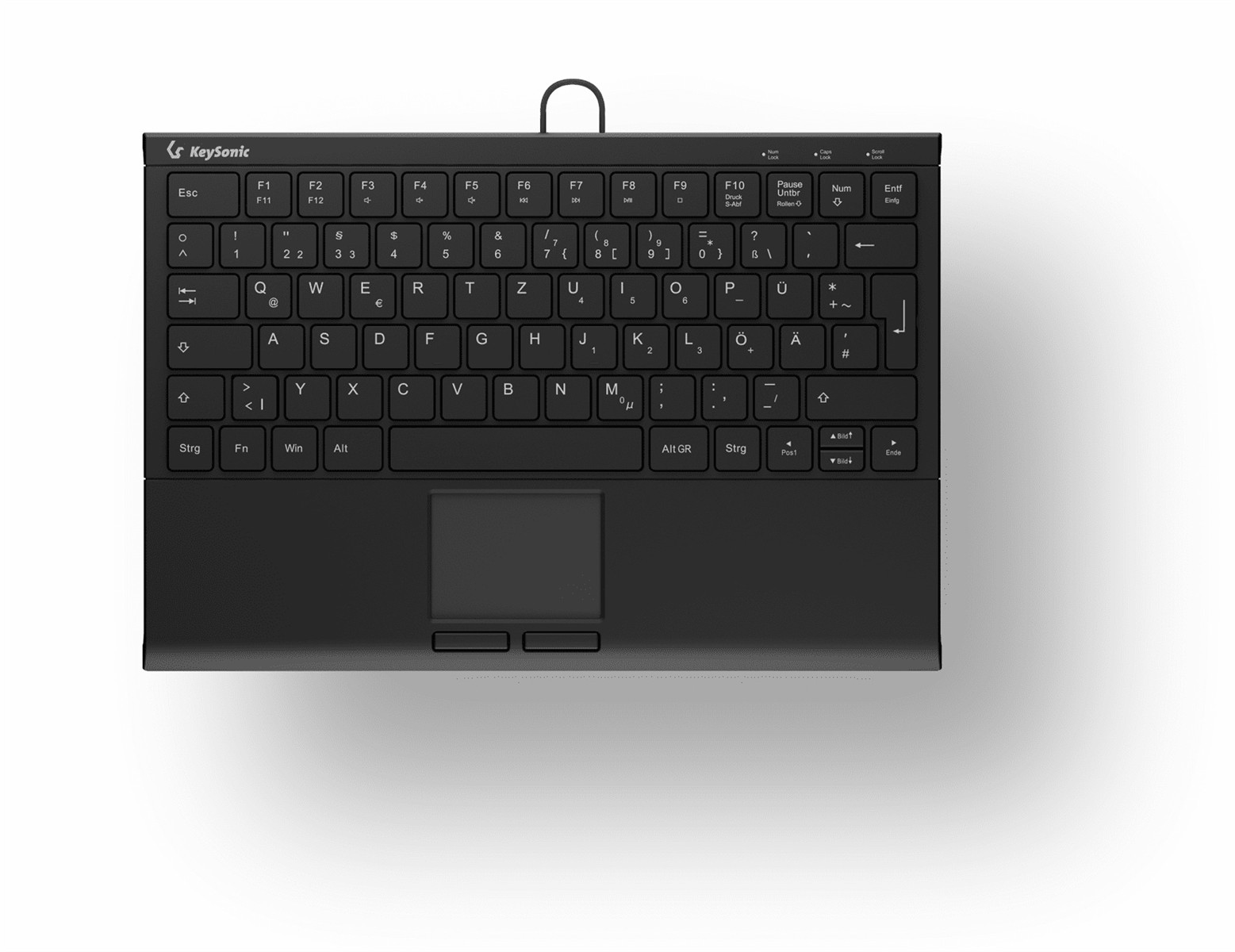 Un teclado compacto negro KeySonic con un panel táctil integrado sobre fondo blanco.