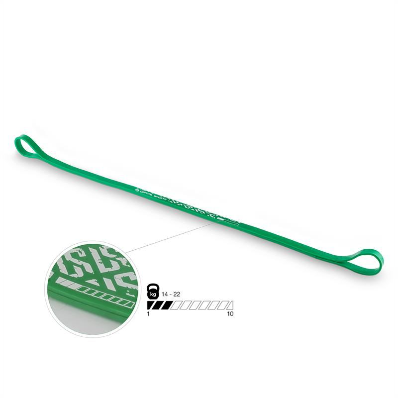 Largo banda de fitness verde con extremos en bucle y un círculo que muestra el logotipo ampliado.