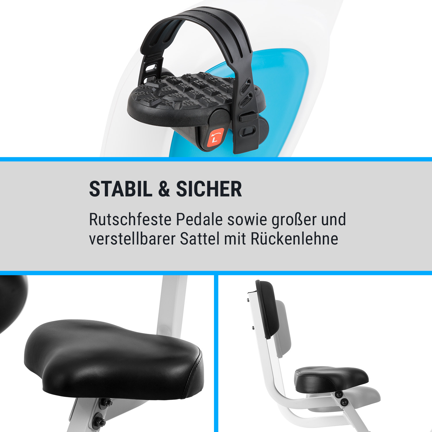 Stabile und sichere Ergometer-Details: rutschfeste Pedale, großer verstellbarer Sattel mit Rückenlehne.