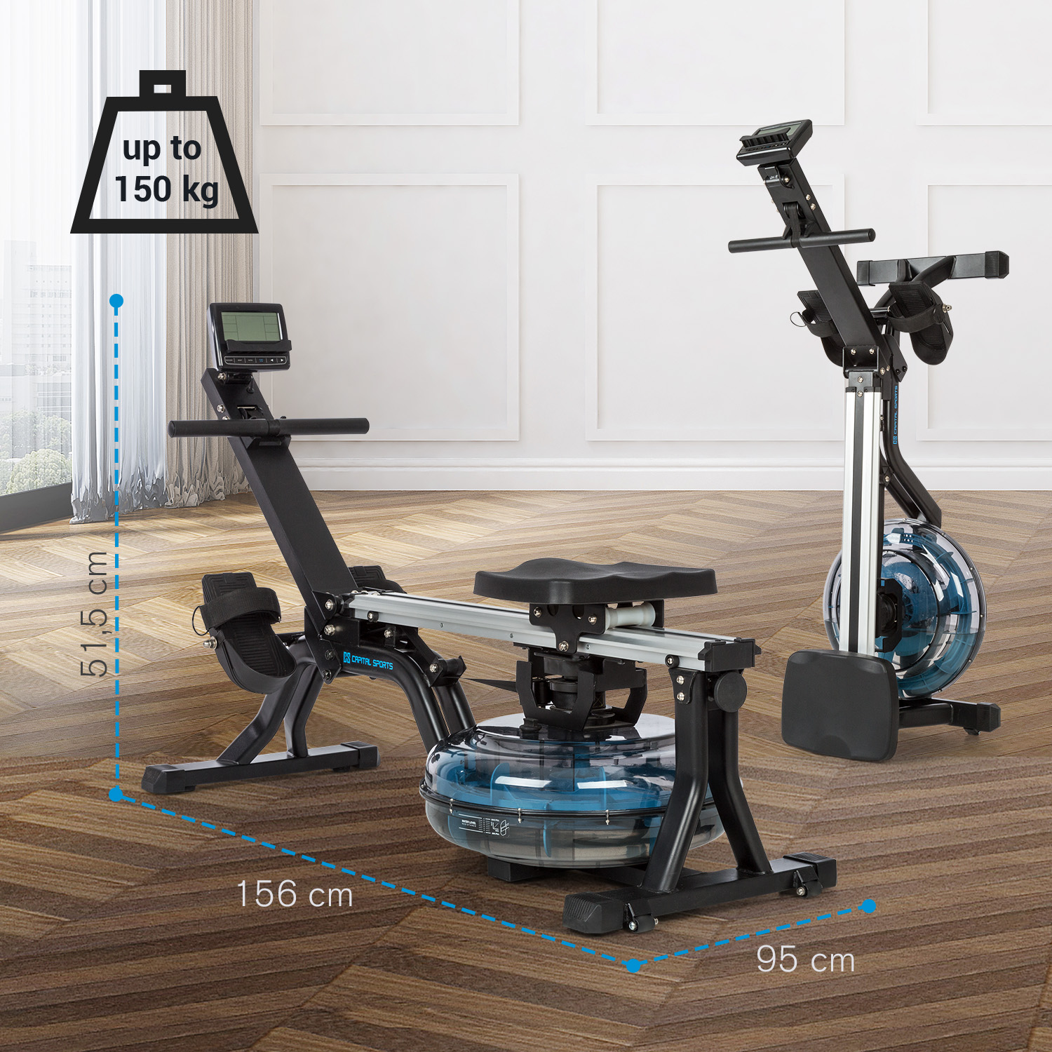 Máquina de remo de agua negra con tanques de agua azules y dimensiones en habitación luminosa.