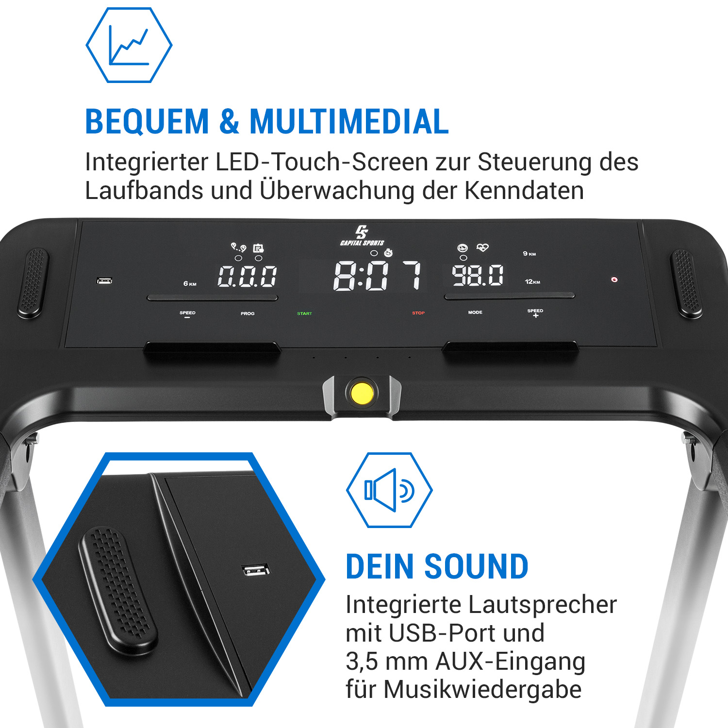 Console per tapis roulant con touchscreen LED e porta USB.