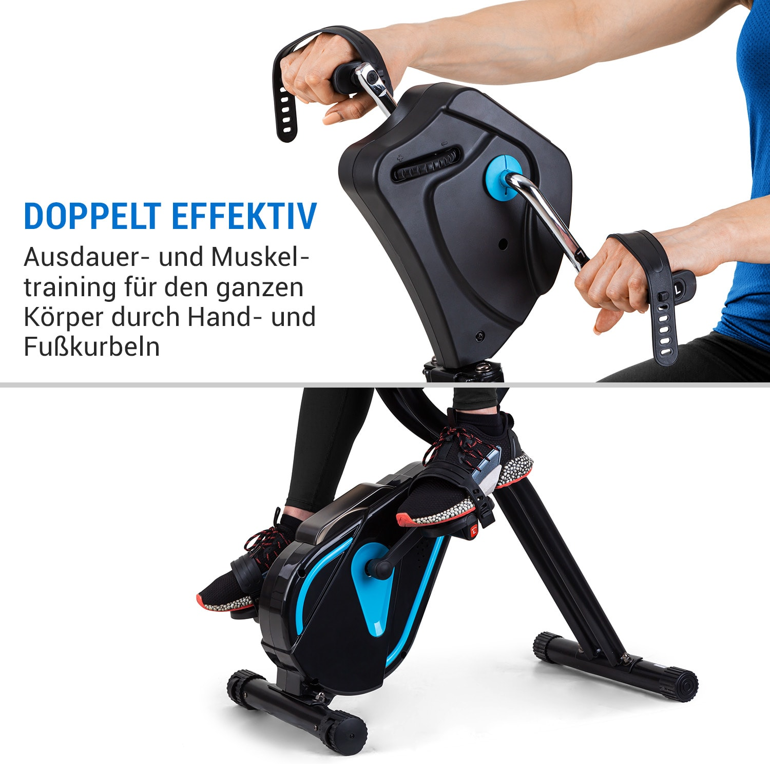 La imagen dividida muestra manos usando manivelas y pies en pedales de una máquina de fitness.