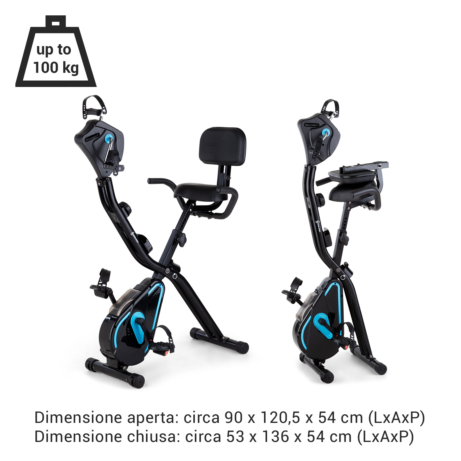 Dos bicicletas estáticas negras, una abierta y otra plegada, con detalles azules y un icono de peso máximo.