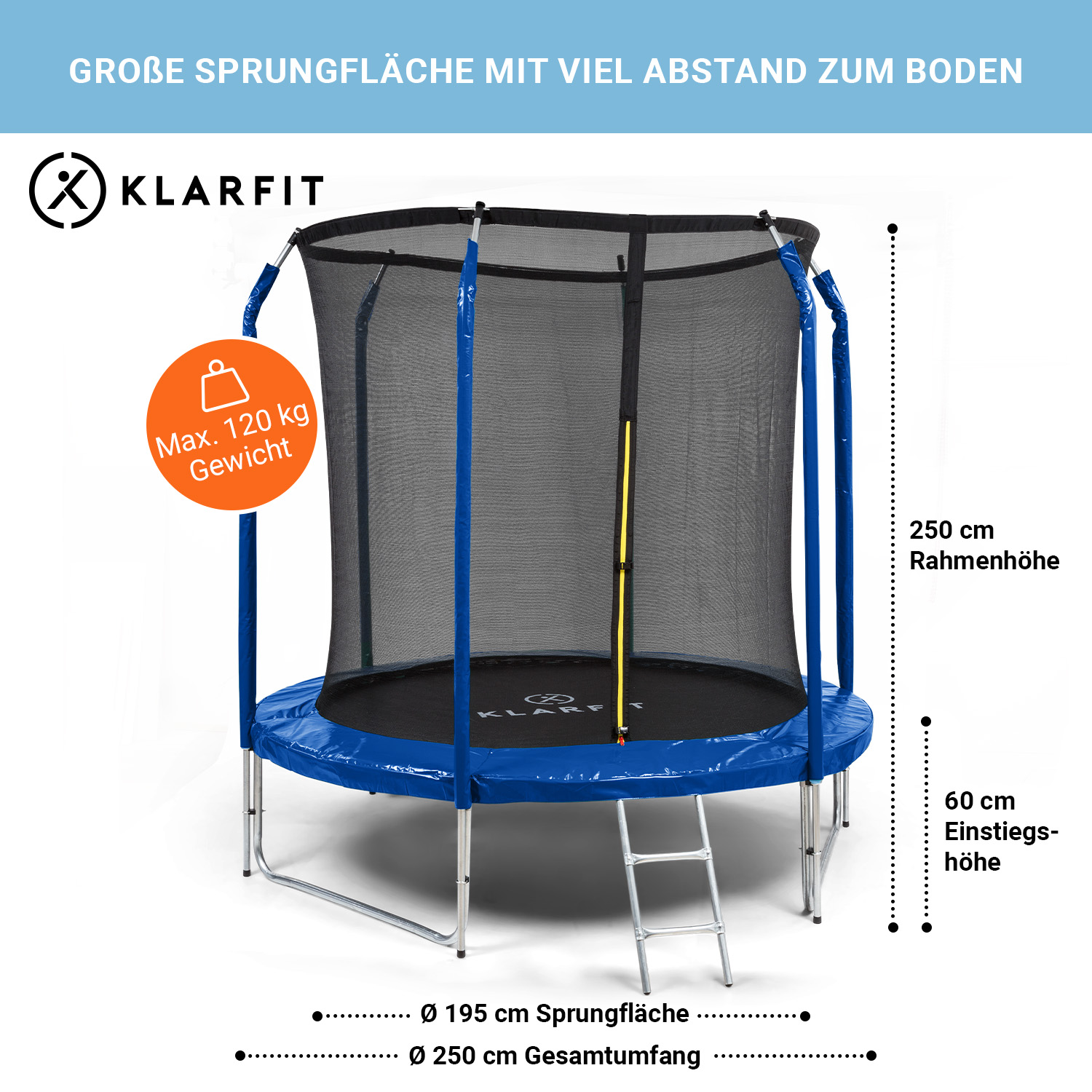 Blaues Klarfit-Trampolin mit Sicherheitsnetz und Maßen für Höhe, Durchmesser und Belastbarkeit.