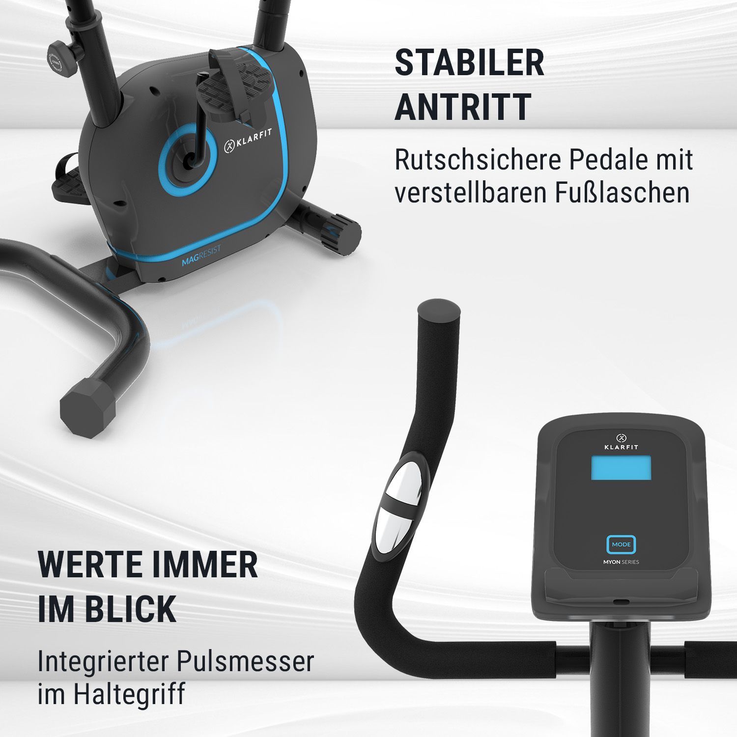 Heimtrainer mit rutschfesten Pedalen, Display und integriertem Pulsmesser im Griff.