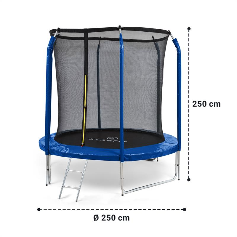 Ein blau-schwarzes Trampolin mit Netz und Leiter, 250 cm hoch und 250 cm im Durchmesser.