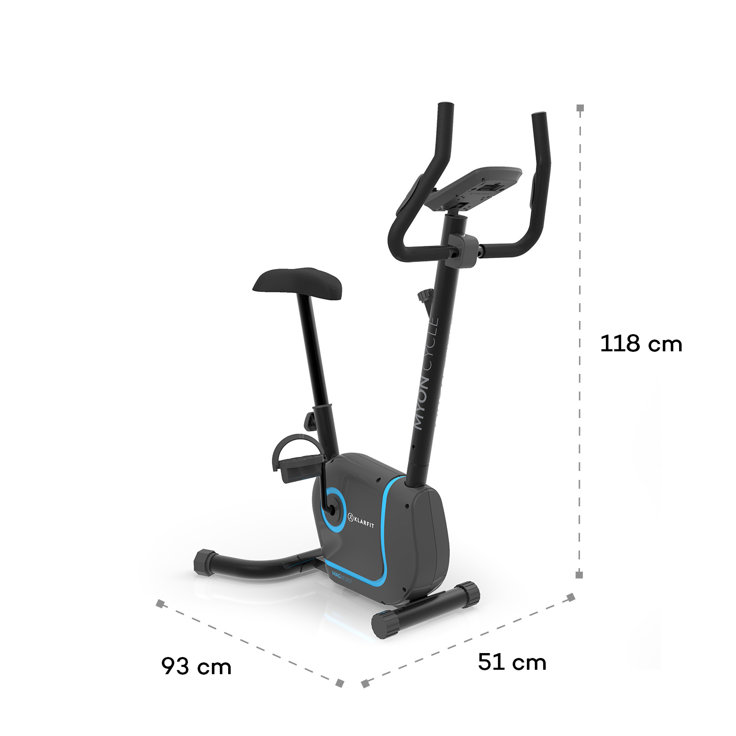 Schwarzes Heimtrainer-Fahrrad mit blauen Akzenten, Griffen und Maßen von 118x93x51 cm.
