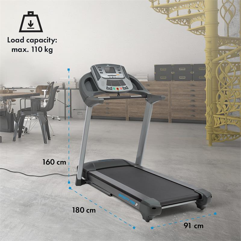 Tapis roulant con dimensioni di 180x91x160 cm e una capacità di carico di 110 kg in una stanza moderna.