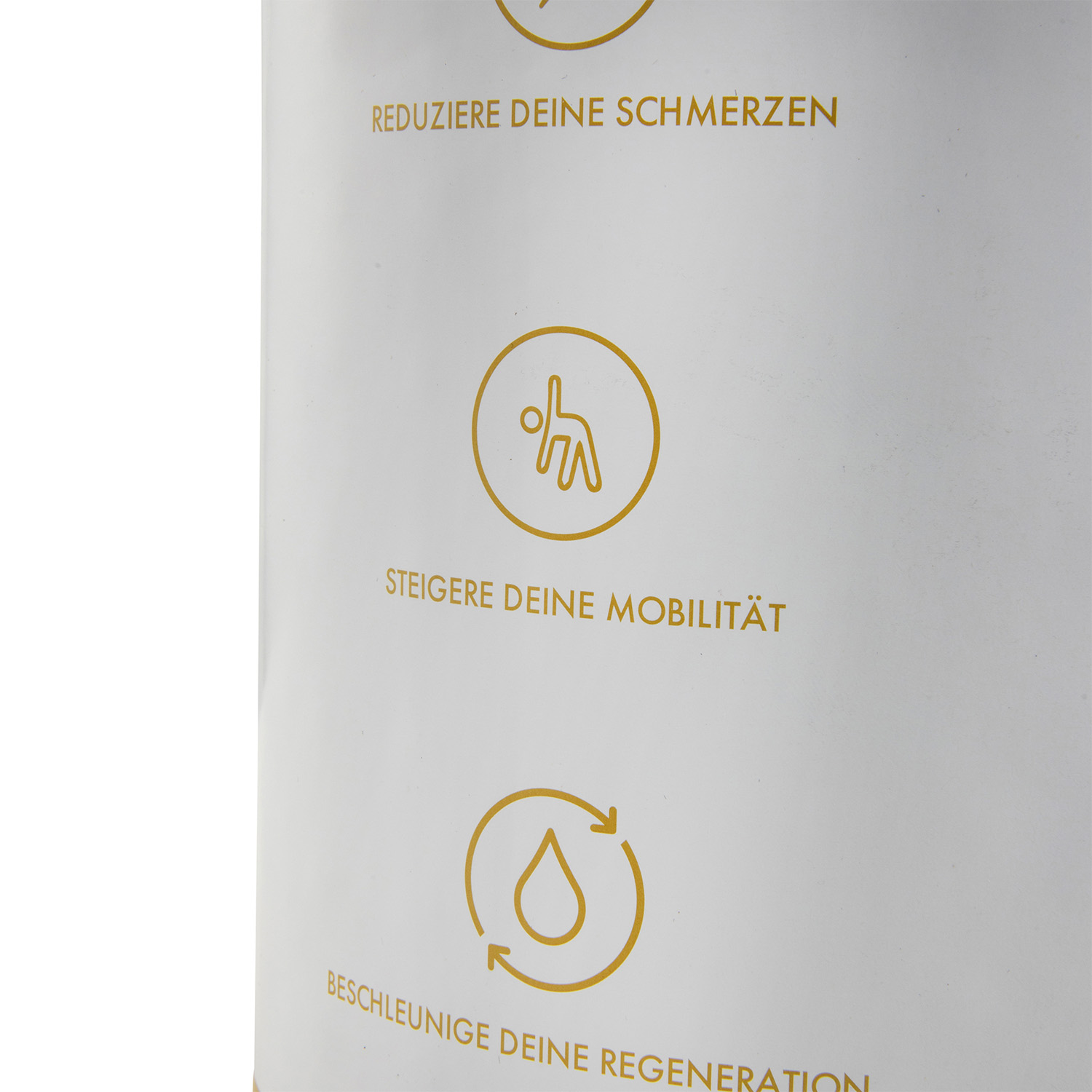 Ein weißer Zylinder zeigt goldene Symbole und deutschen Text über Schmerzlinderung, Mobilität und Regeneration.