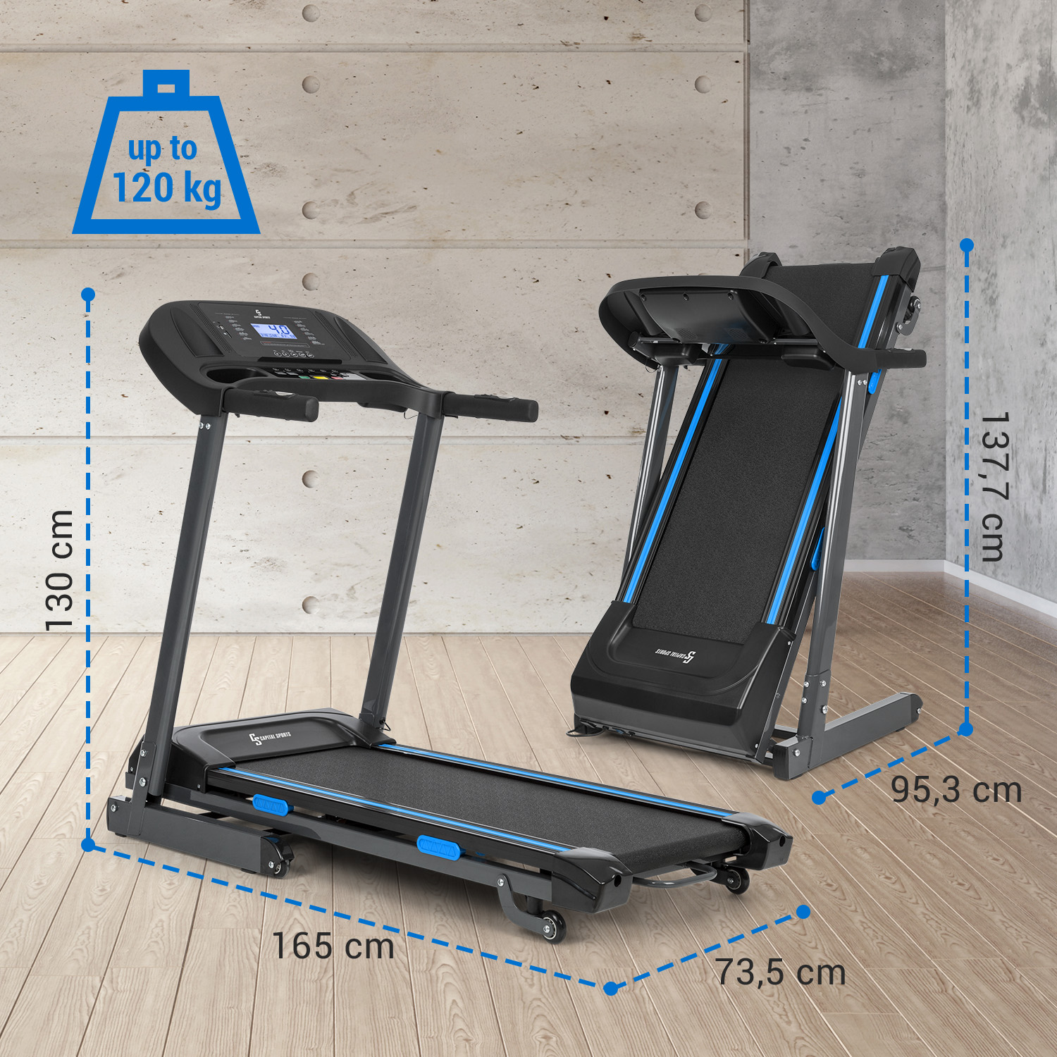 Cinta de correr negra y azul con dimensiones y un icono de peso.