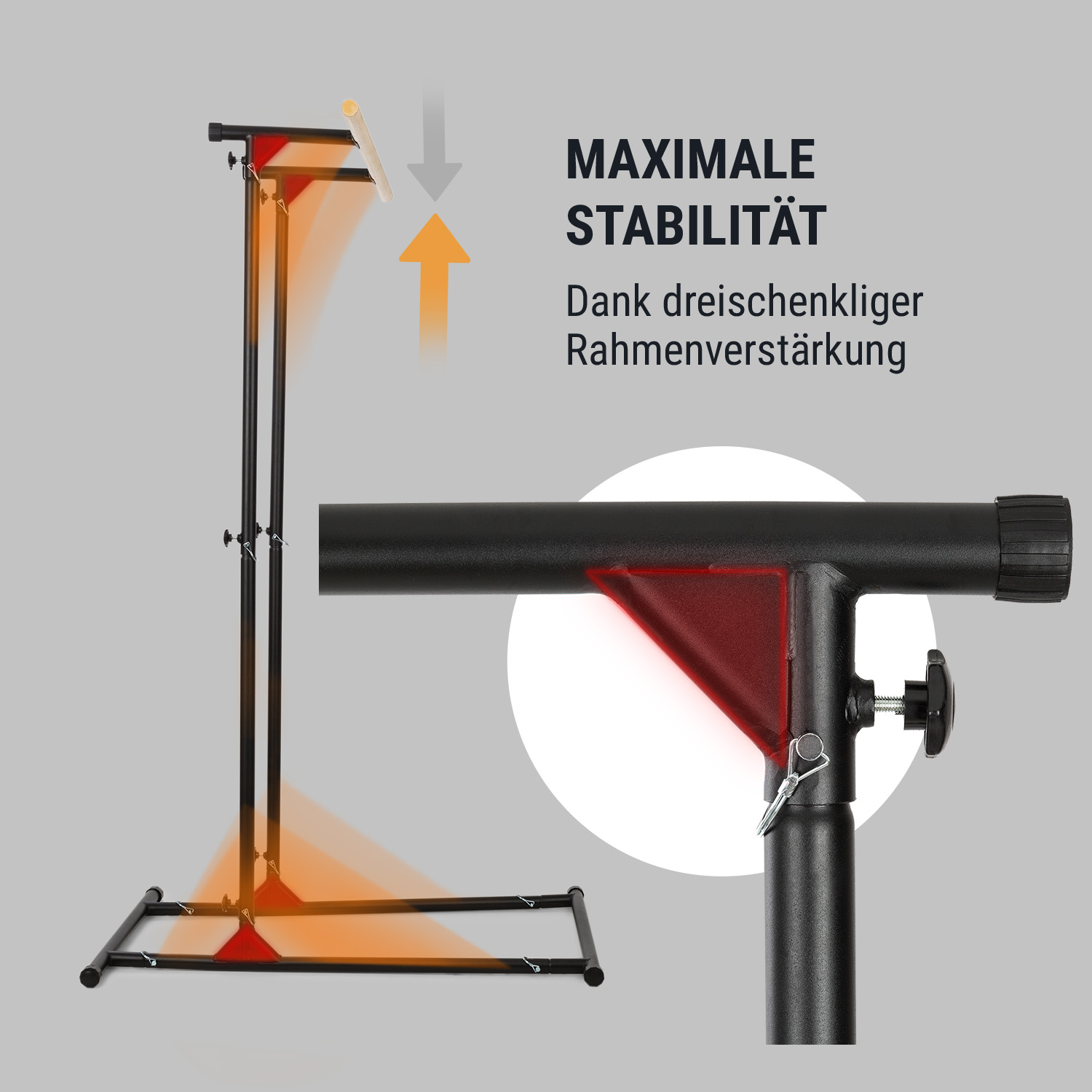 Stabiles Trainingsgerät mit dreischenkliger Rahmenverstärkung und Detailansicht der Verstärkung.