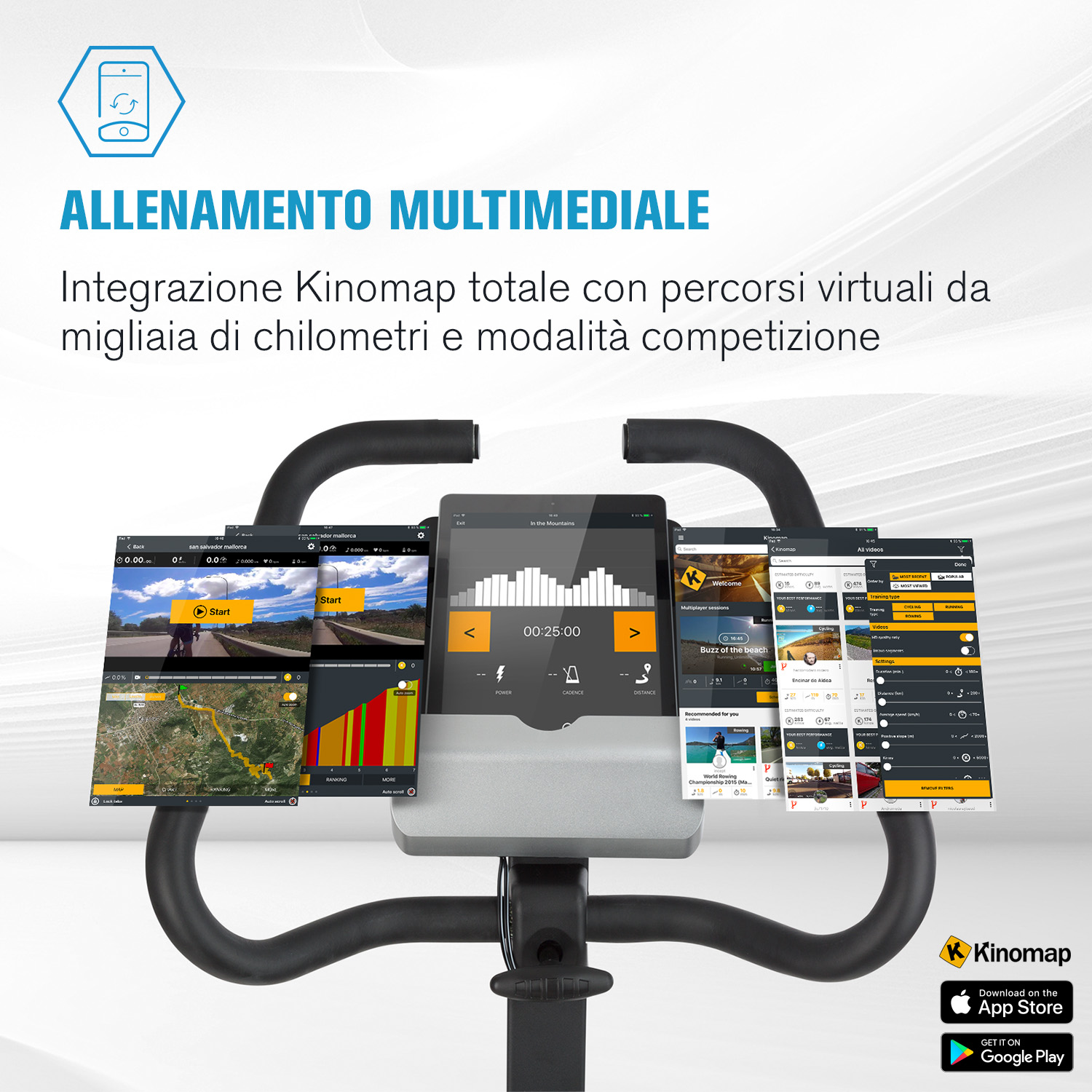 Heimtrainer mit Tablet, das Kinemap-Virtual-Training-Apps und Datenschirme anzeigt, mit italienischem Text.