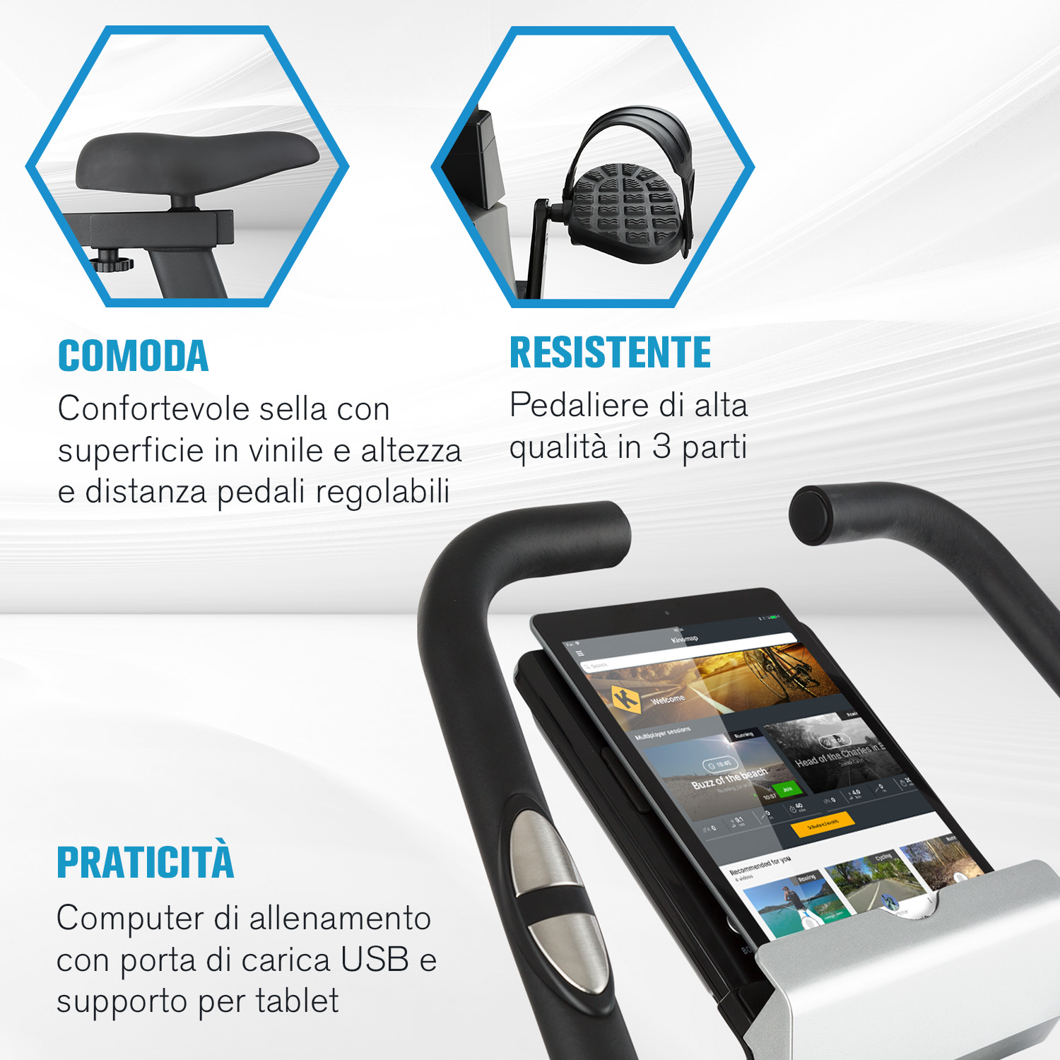 Heimtrainer-Features: bequemer Sattel, stabile Pedale und Tablet-Halterung mit Display.