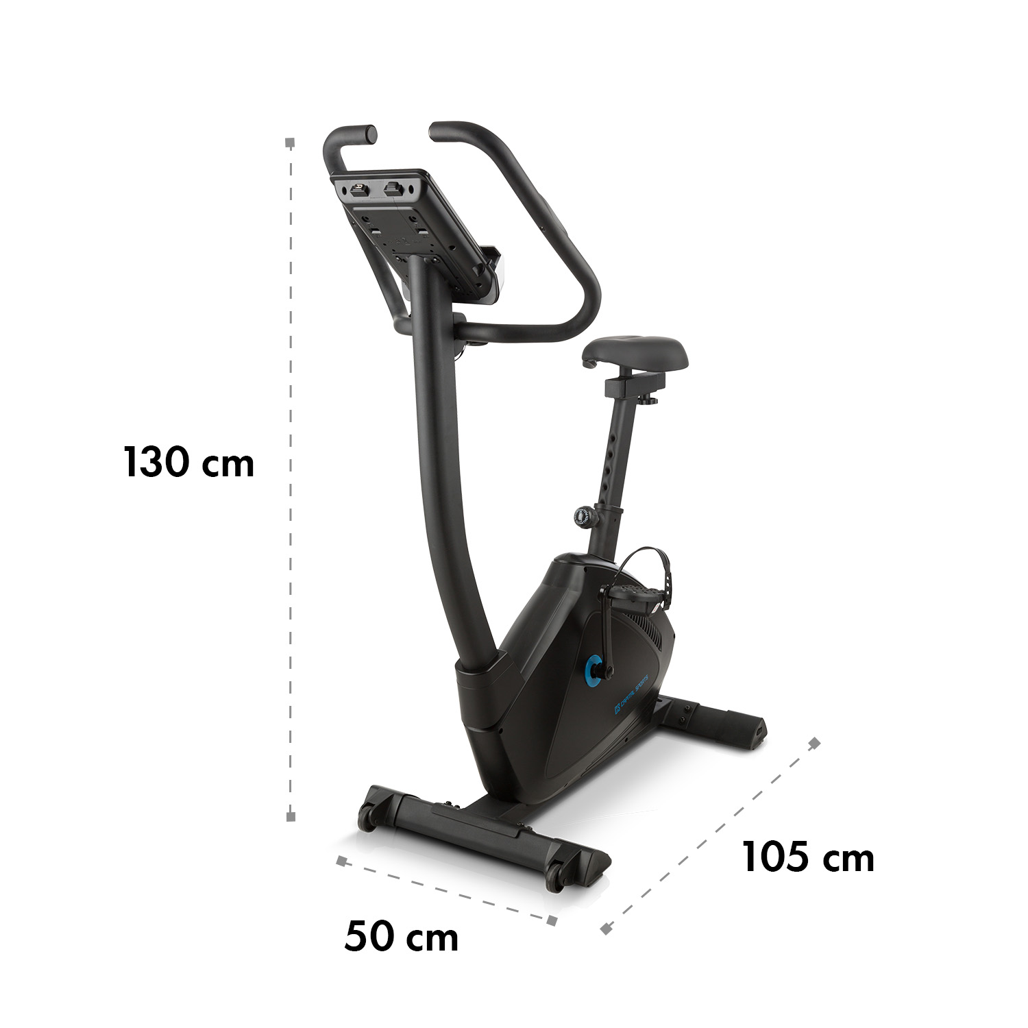 Schwarzes Heimtrainer-Fahrrad mit Abmessungen: 130 cm Höhe, 50 cm Breite und 105 cm Länge auf weißem Grund.