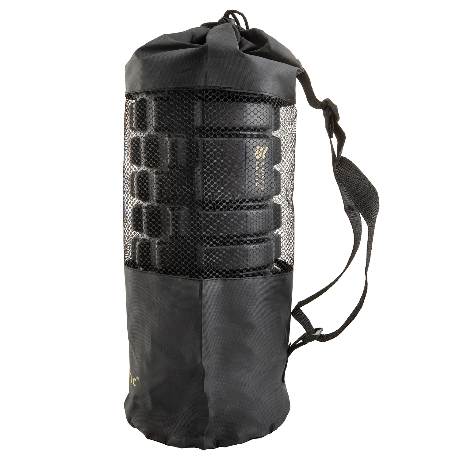 Schwarze Schaumstoffrolle in einer schwarzen Netztasche mit verstellbarem Tragegurt vor weißem Hintergrund.