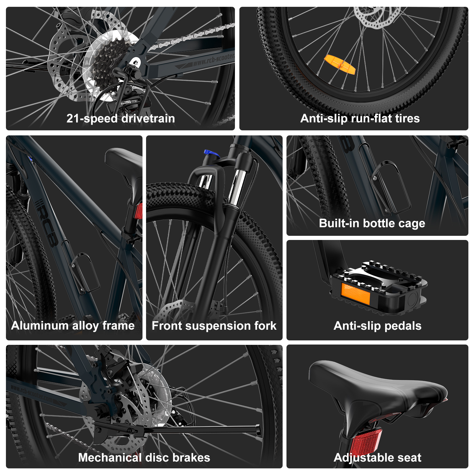 Un collage que muestra componentes de bicicletas como transmisión, cuadro, neumáticos, horquilla, pedales y sillín con etiquetas.