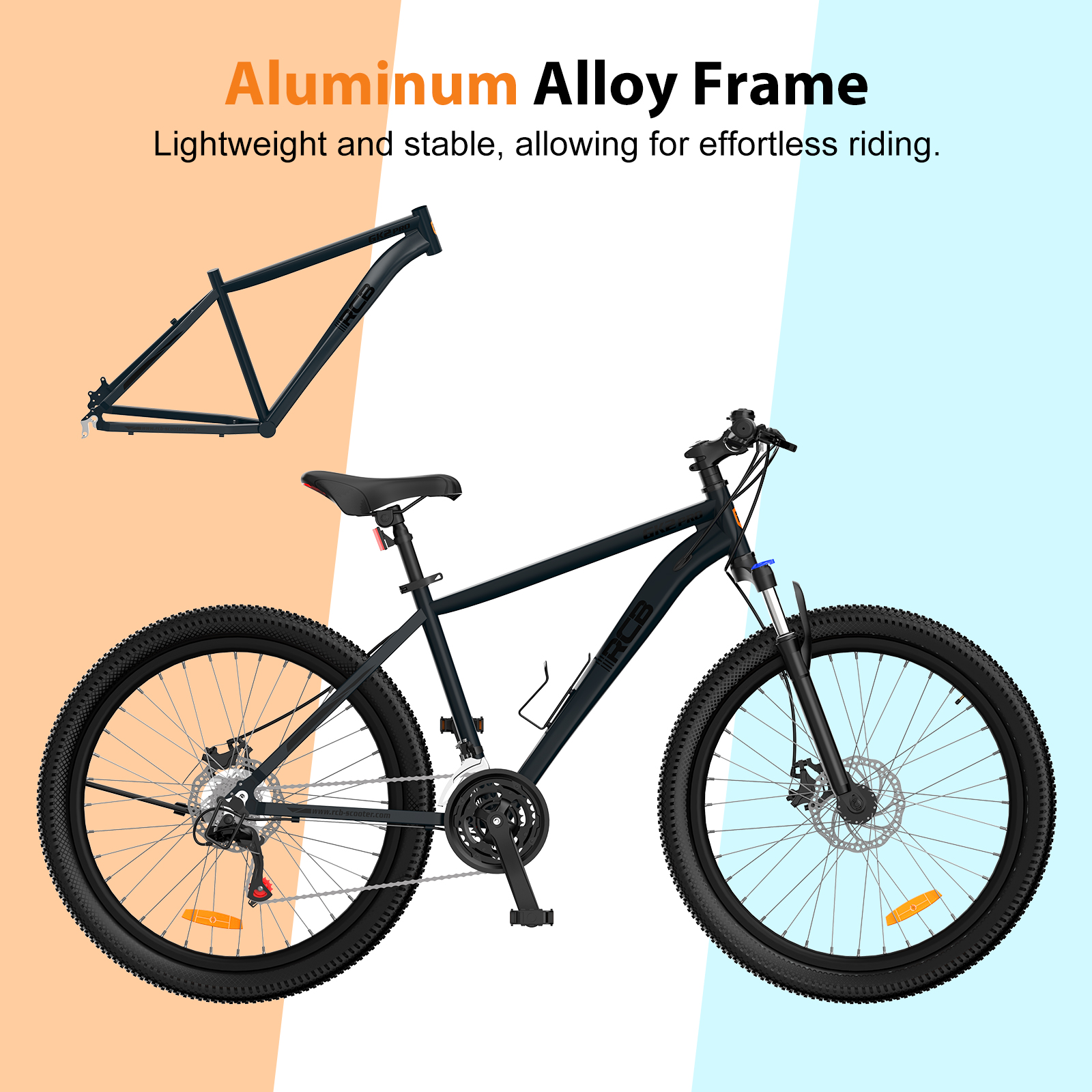 Una bicicleta de montaña negra con un marco de aleación de aluminio ligero sobre un fondo bicolor.