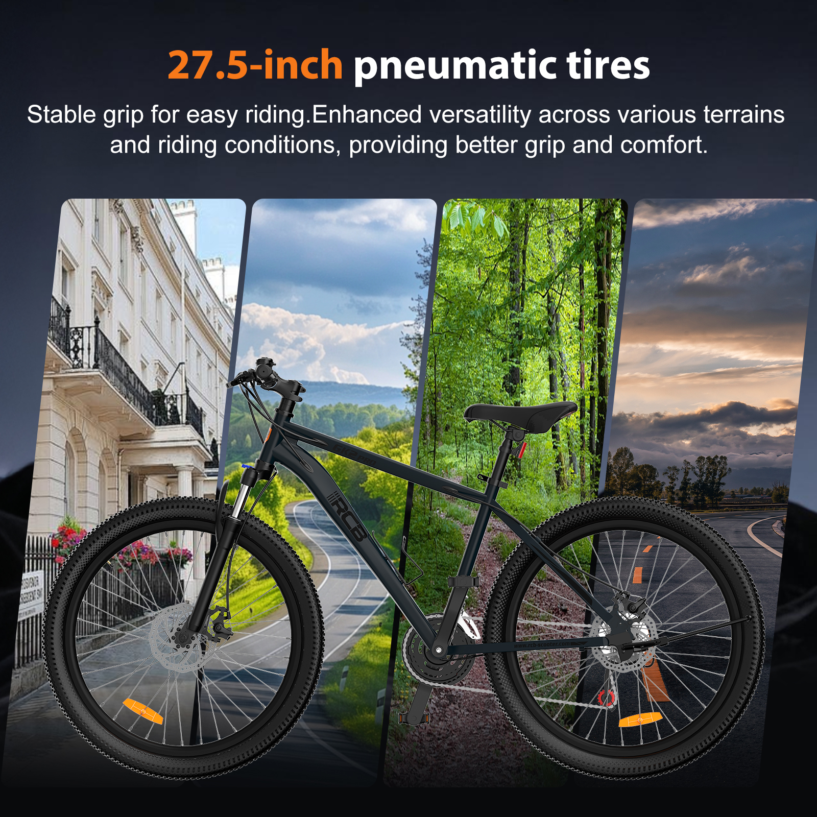 Una bicicleta de montaña negra con neumáticos de 27.5 pulgadas sobre fondos urbanos, de bosques y carreteras.