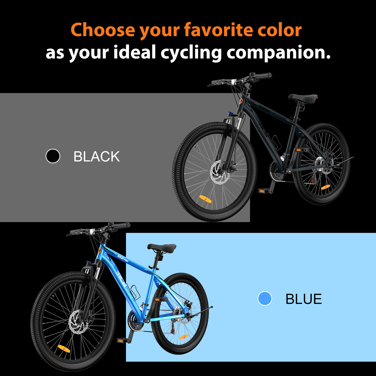 Un anuncio muestra dos bicicletas de montaña, una negra y otra azul, con el texto "Elige tu color favorito".